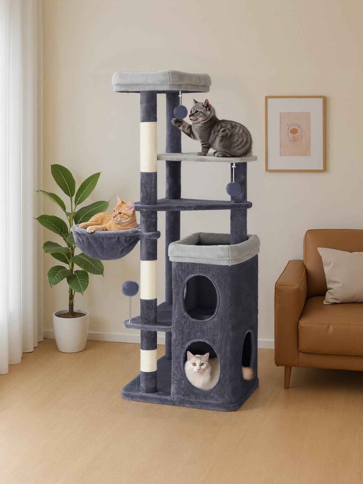 60-Inch Multi-Level Cat Tree Tower with 2 Caves, 3 Scratching Posts & 4 Perches, Plush Cat Condo for Indoor Cats, Dark Gray