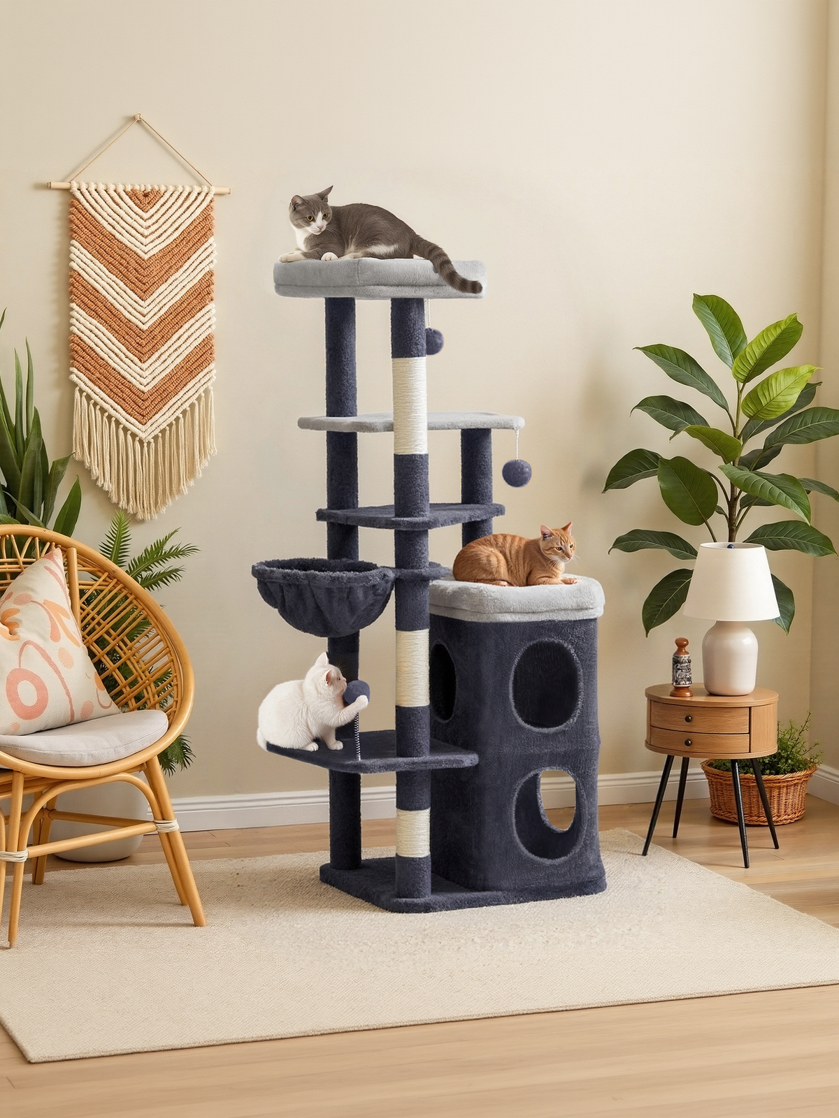 60-Inch Multi-Level Cat Tree Tower with 2 Caves, 3 Scratching Posts & 4 Perches, Plush Cat Condo for Indoor Cats, Dark Gray