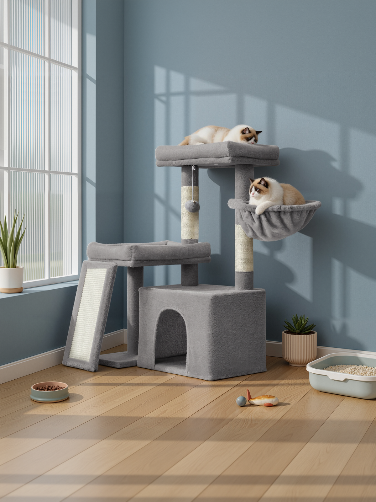33.8-Inch Cat Tree Tower with Scratching Posts, 2 Perches, Cave & Basket, Multi-Level Cat Condo for Indoor Cats, Dove Gray
