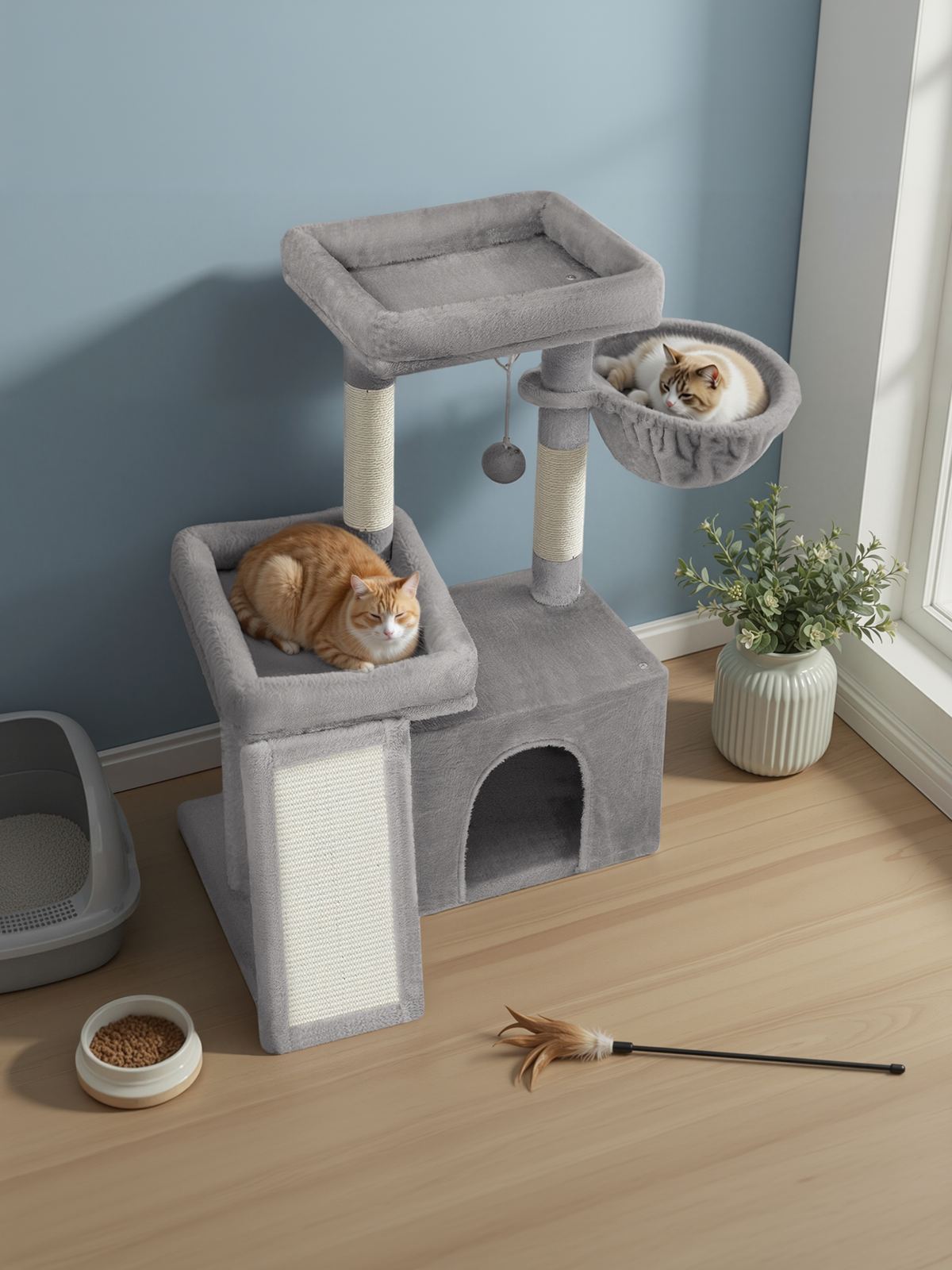 33.8-Inch Cat Tree Tower with Scratching Posts, 2 Perches, Cave & Basket, Multi-Level Cat Condo for Indoor Cats, Dove Gray