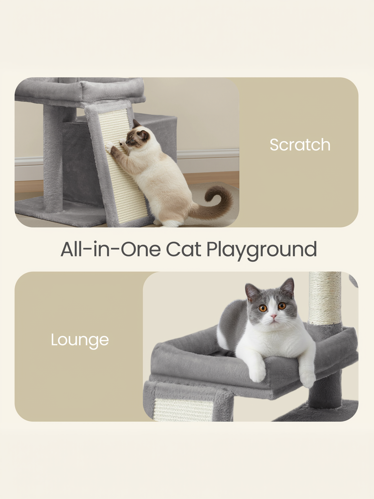 33.8-Inch Cat Tree Tower with Scratching Posts, 2 Perches, Cave & Basket, Multi-Level Cat Condo for Indoor Cats, Dove Gray