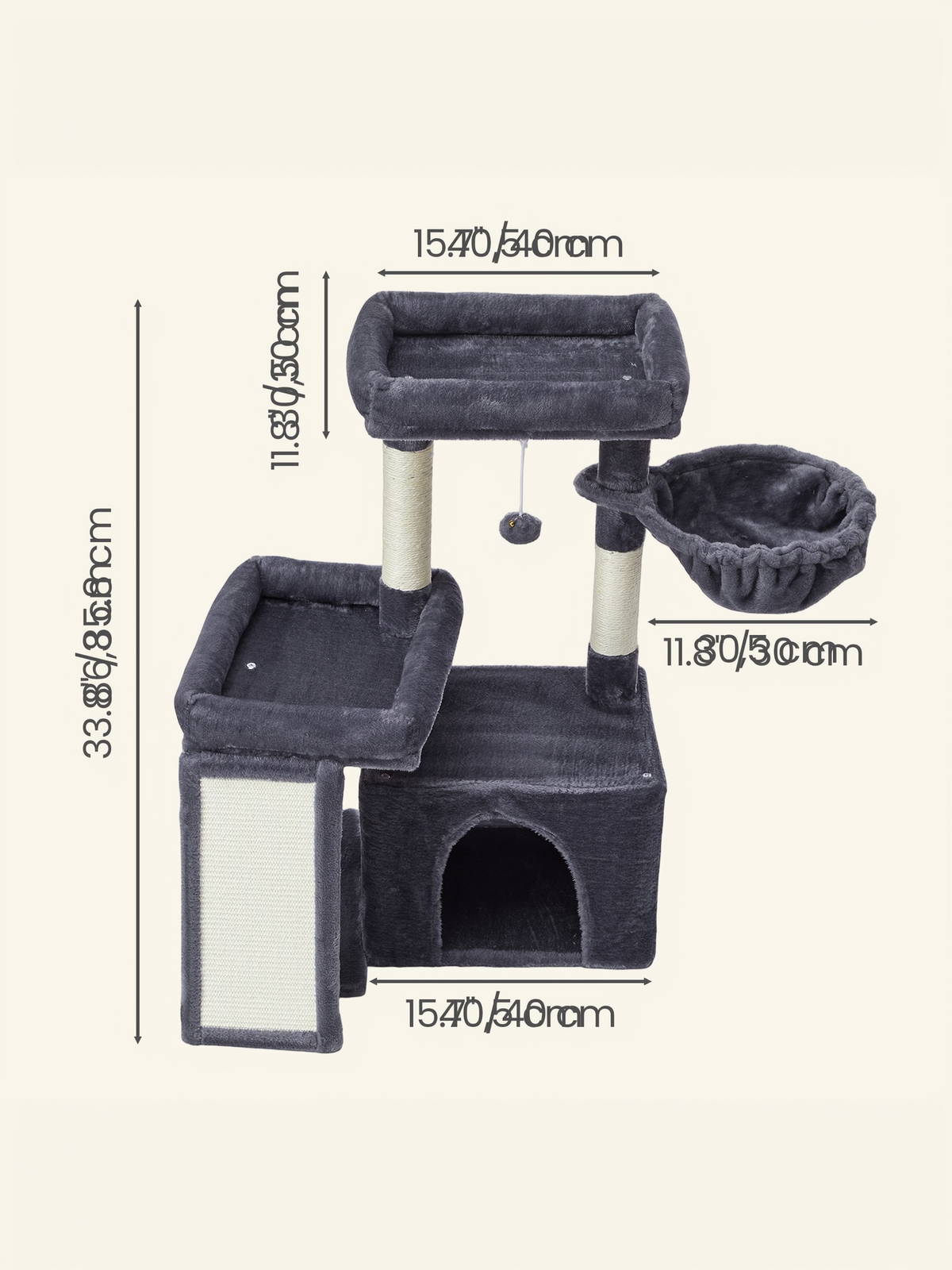 33.8-Inch Cat Tree Tower with Scratching Posts, 2 Perches, Cave & Basket, Multi-Level Cat Condo for Indoor Cats, Dark Gray