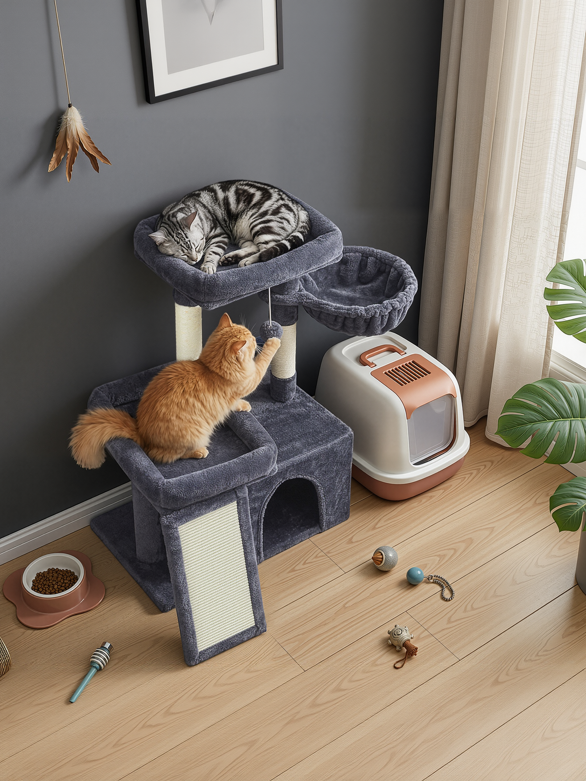 33.8-Inch Cat Tree Tower with Scratching Posts, 2 Perches, Cave & Basket, Multi-Level Cat Condo for Indoor Cats, Dark Gray