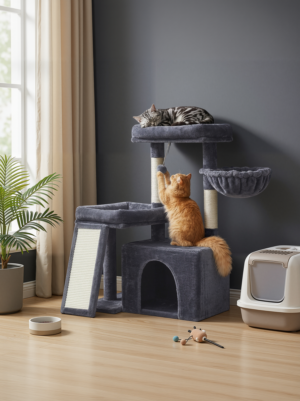 33.8-Inch Cat Tree Tower with Scratching Posts, 2 Perches, Cave & Basket, Multi-Level Cat Condo for Indoor Cats, Dark Gray