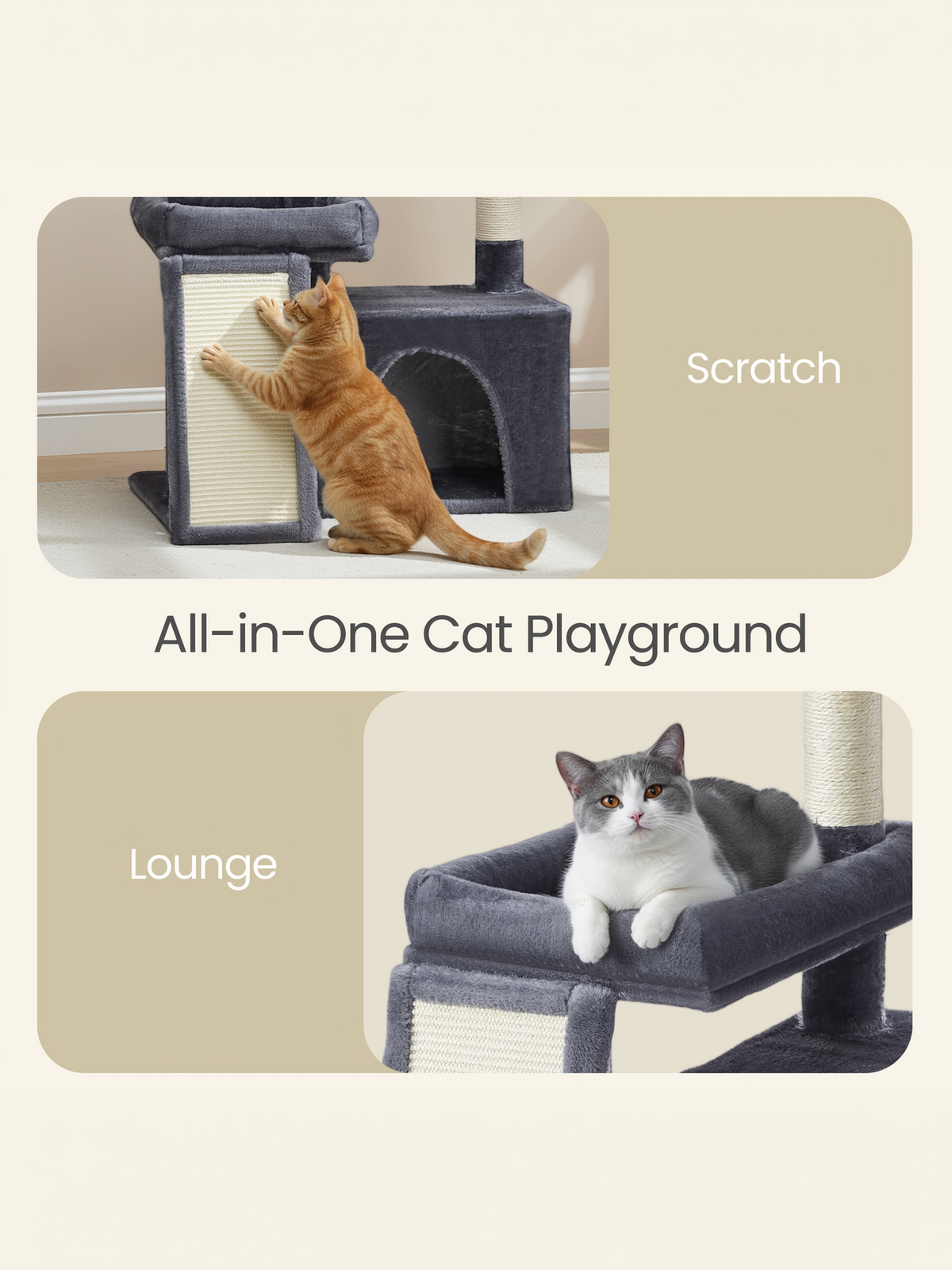 33.8-Inch Cat Tree Tower with Scratching Posts, 2 Perches, Cave & Basket, Multi-Level Cat Condo for Indoor Cats, Dark Gray