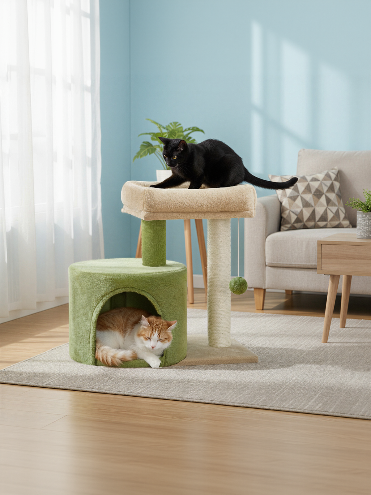 Small Cat Tree Tower with Sisal Scratching Post, Plush Condo with Padded Perch & Cave, for Kittens, Small Spaces, Grass Green and Camel Brown