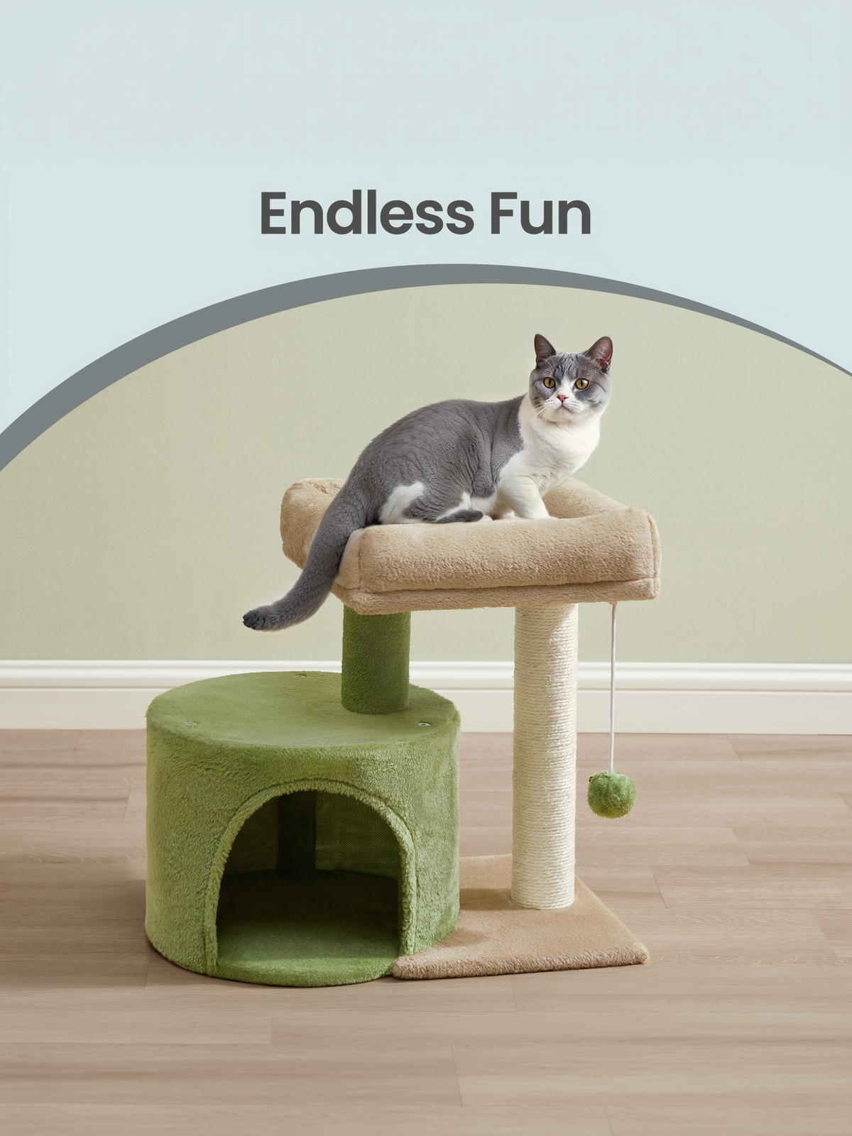 Small Cat Tree Tower with Sisal Scratching Post, Plush Condo with Padded Perch & Cave, for Kittens, Small Spaces, Grass Green and Camel Brown