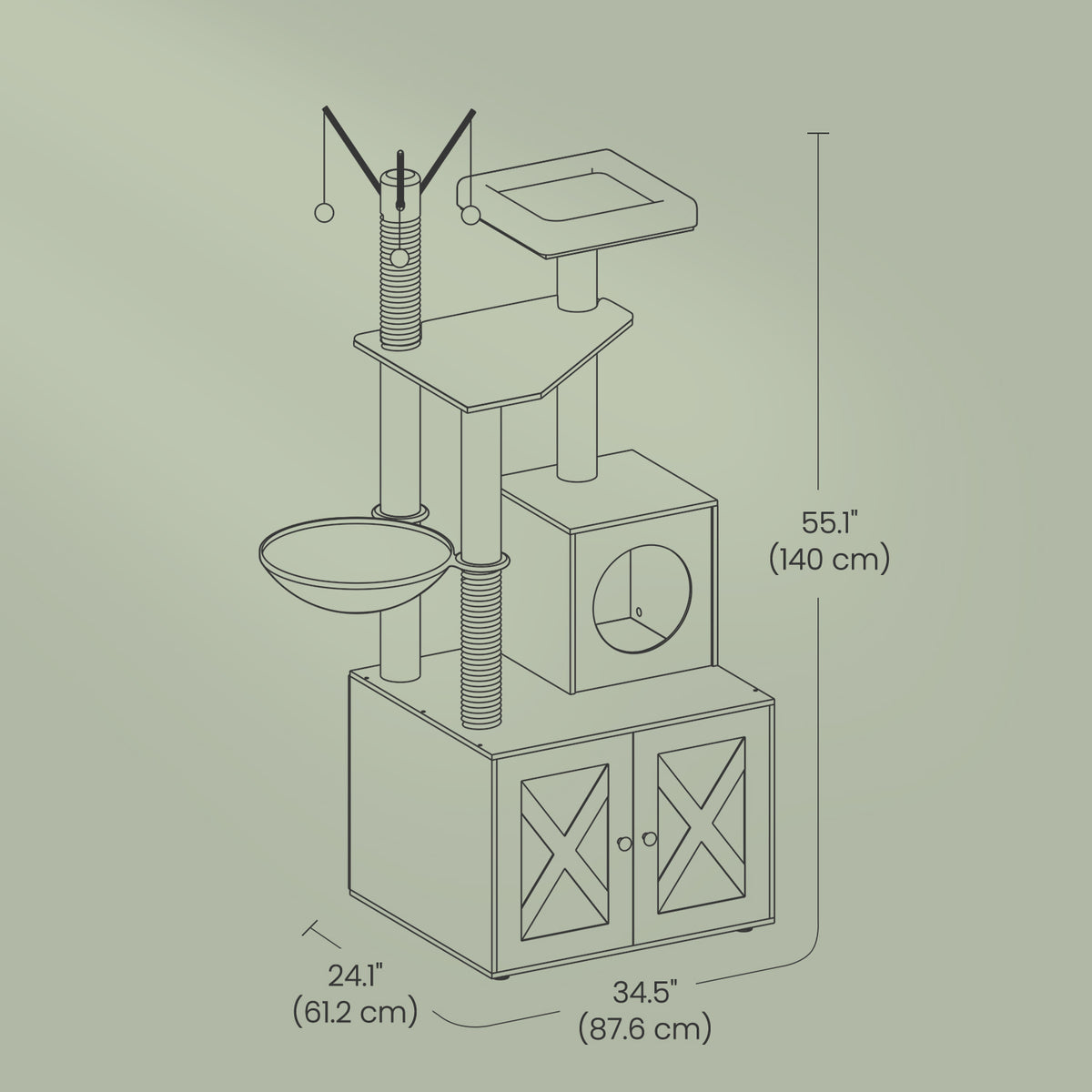 55.1" 2-in-1 Cat Tree & Litter Box Enclosure, Modern Cat Tower with Scratching Posts, Removable Toys, Space-Saving Design, Misty Gray