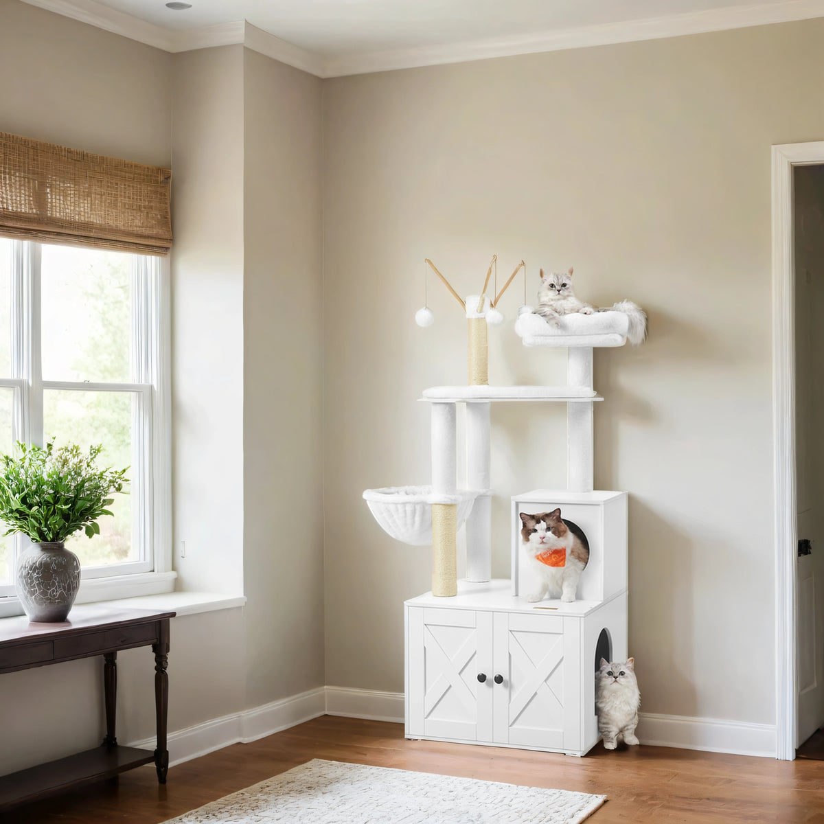55.1" 2-in-1 Modern Cat Tree & Litter Box Enclosure, Multi-Level Cat Condo with Scratching Posts, Hidden Storage, Cloud White