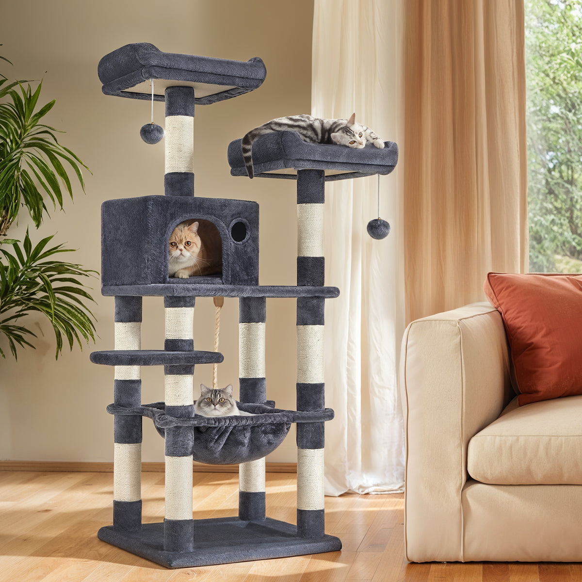 56.3-Inch Multi-Level Cat Tree Tower with 11 Scratching Posts, 2 Perches, Hammock & Cave, for Indoor Cats, Smoky Gray
