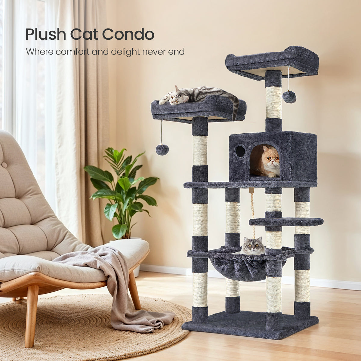 56.3-Inch Multi-Level Cat Tree Tower with 11 Scratching Posts, 2 Perches, Hammock & Cave, for Indoor Cats, Smoky Gray