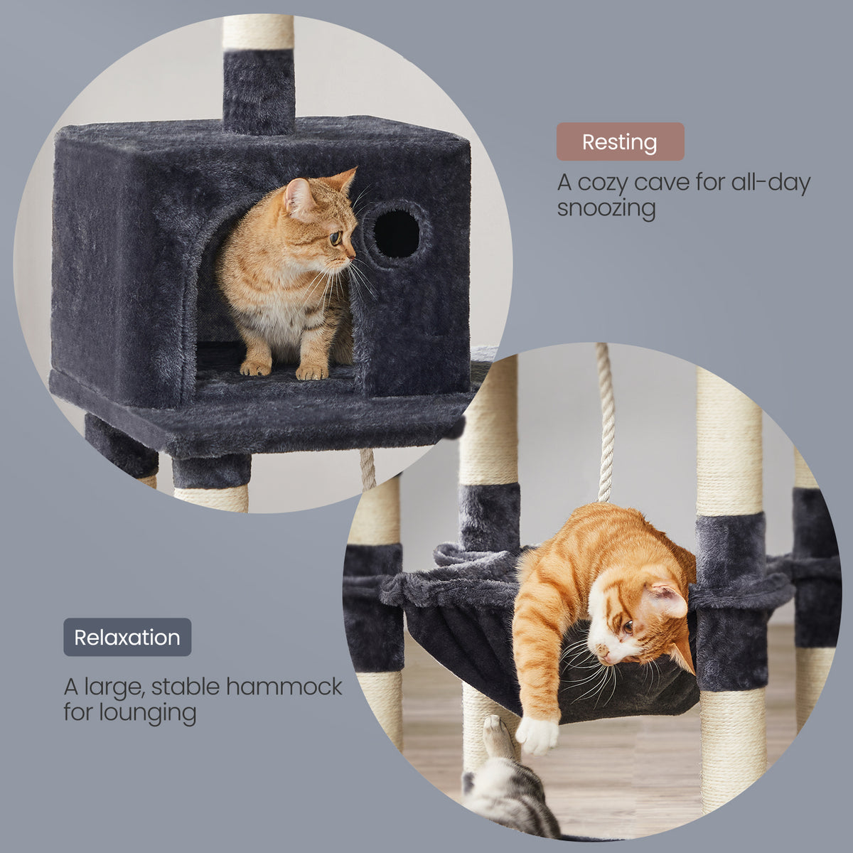 56.3-Inch Multi-Level Cat Tree Tower with 11 Scratching Posts, 2 Perches, Hammock & Cave, for Indoor Cats, Smoky Gray