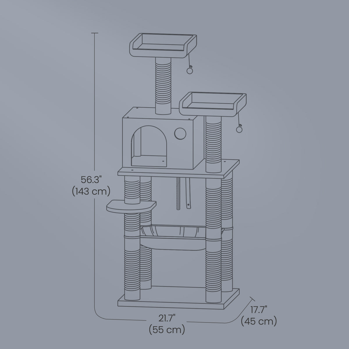 56.3-Inch Multi-Level Cat Tree Tower with 11 Scratching Posts, 2 Perches, Hammock & Cave, for Indoor Cats, Smoky Gray
