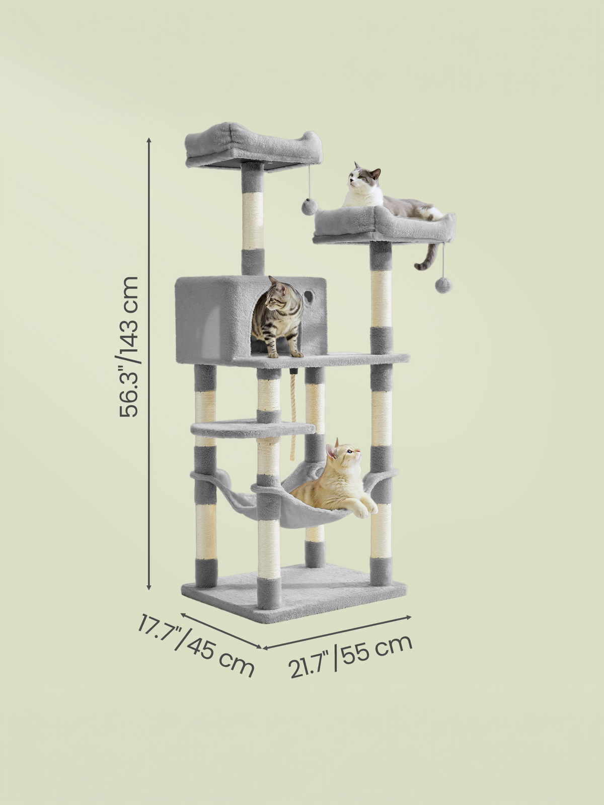56.3-Inch Multi-Level Cat Tree Tower with 11 Scratching Posts, 2 Perches, Hammock & Cave, for Indoor Cats, Light Gray