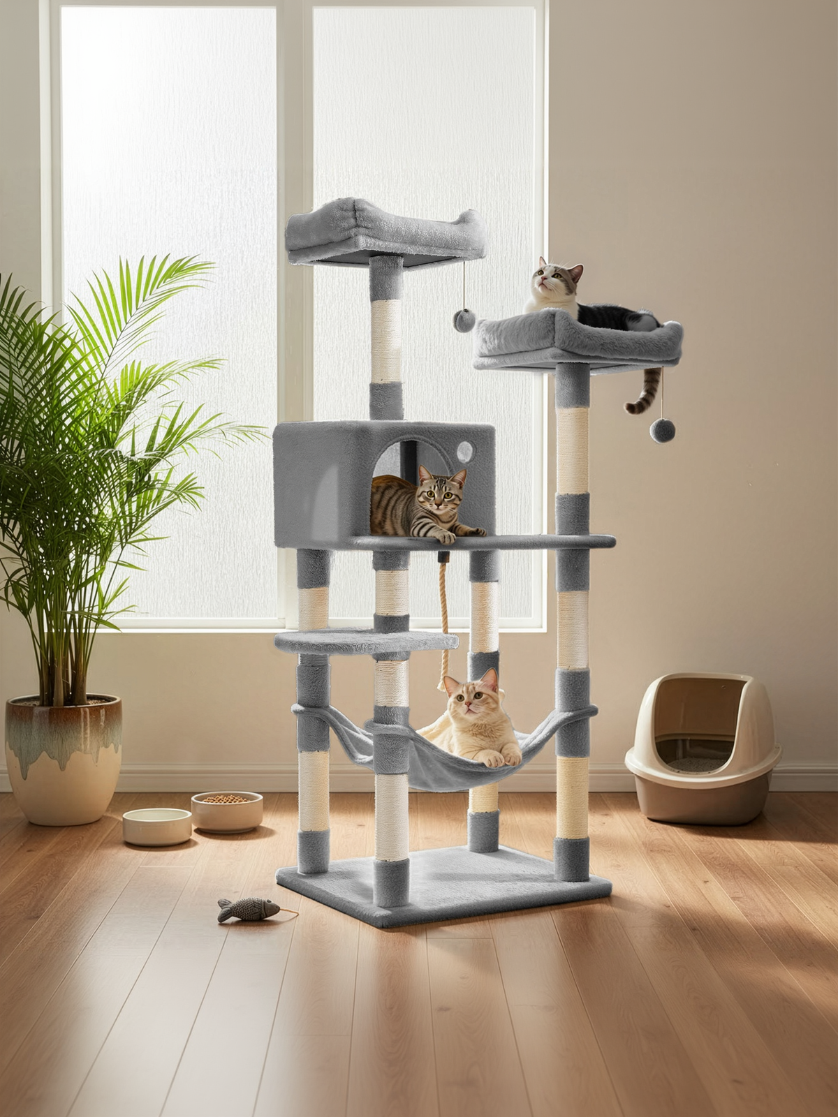 56.3-Inch Multi-Level Cat Tree Tower with 11 Scratching Posts, 2 Perches, Hammock & Cave, for Indoor Cats, Light Gray