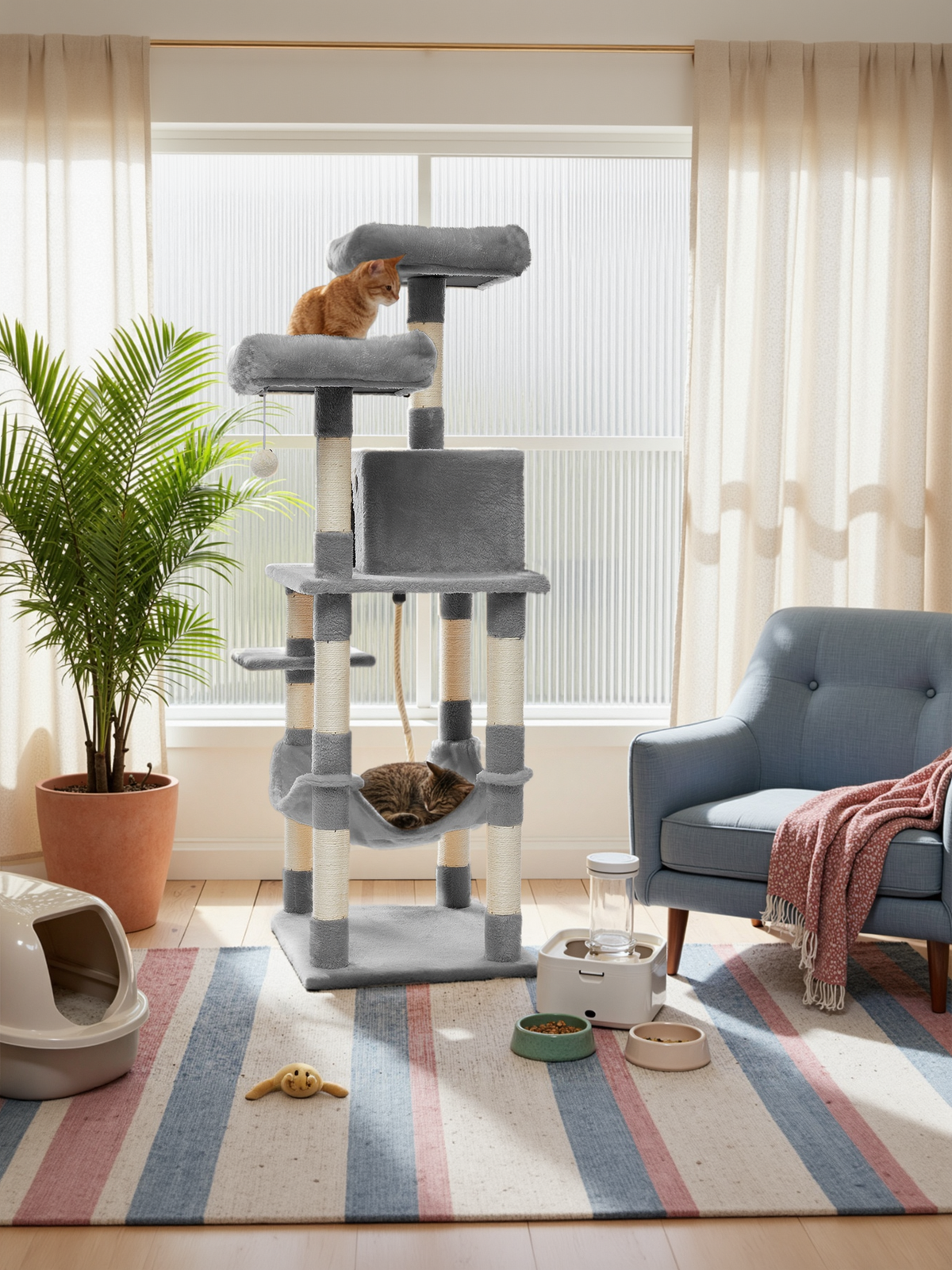 56.3-Inch Multi-Level Cat Tree Tower with 11 Scratching Posts, 2 Perches, Hammock & Cave, for Indoor Cats, Light Gray
