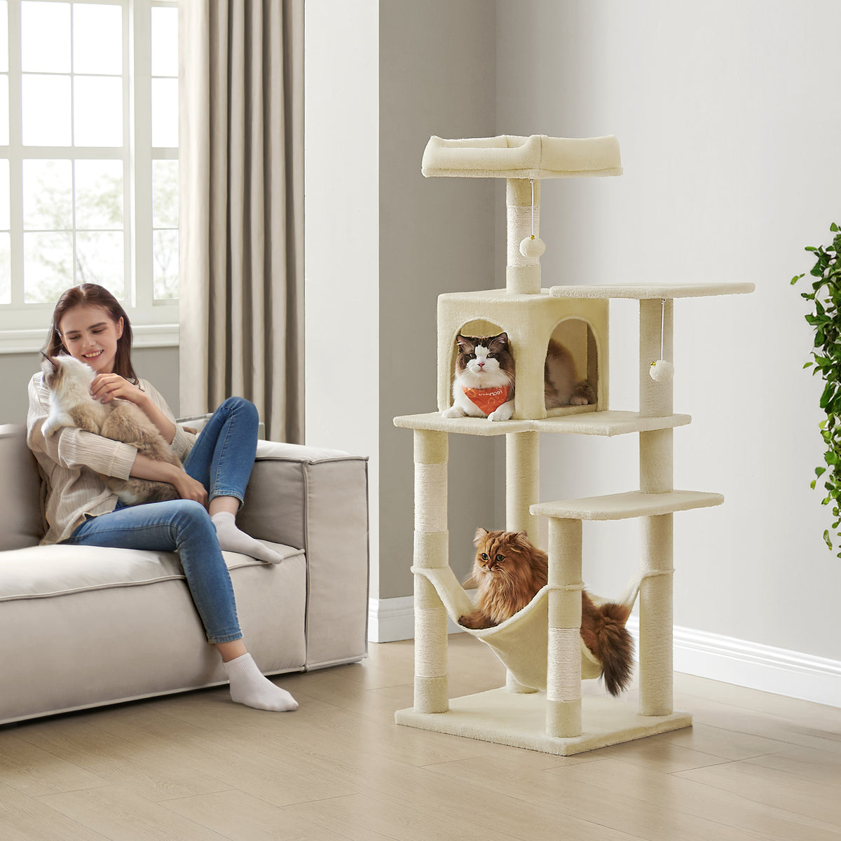 55.1-Inch Multi-Level Cat Tree Tower with 4 Scratching Posts, 2 Perches, Hammock & Cave, Plush Cat Condo for Indoor Cats, Beige