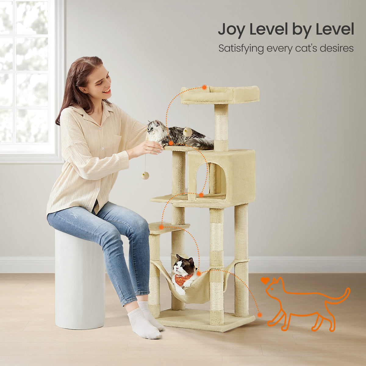 55.1-Inch Multi-Level Cat Tree Tower with 4 Scratching Posts, 2 Perches, Hammock & Cave, Plush Cat Condo for Indoor Cats, Beige
