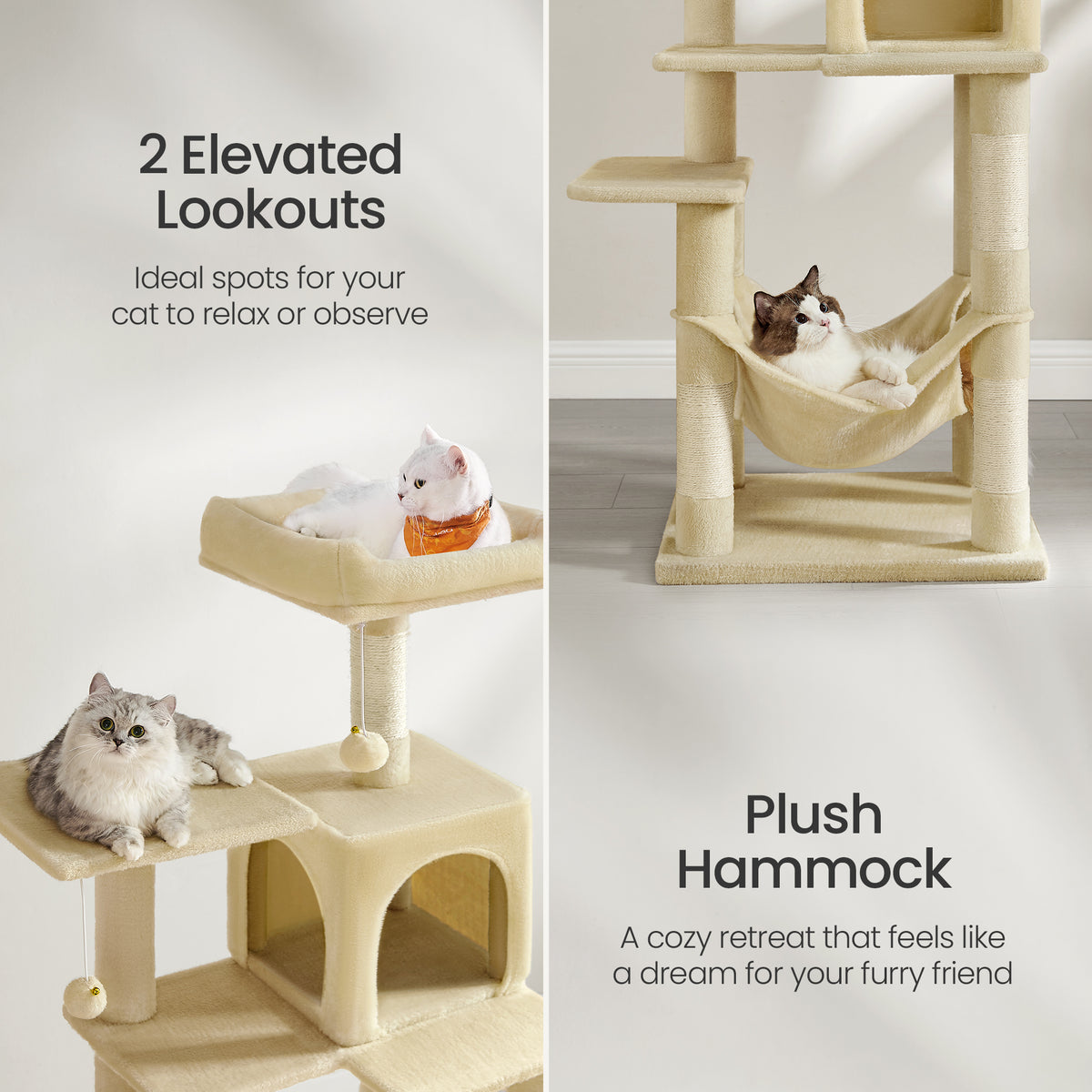 55.1-Inch Multi-Level Cat Tree Tower with 4 Scratching Posts, 2 Perches, Hammock & Cave, Plush Cat Condo for Indoor Cats, Beige