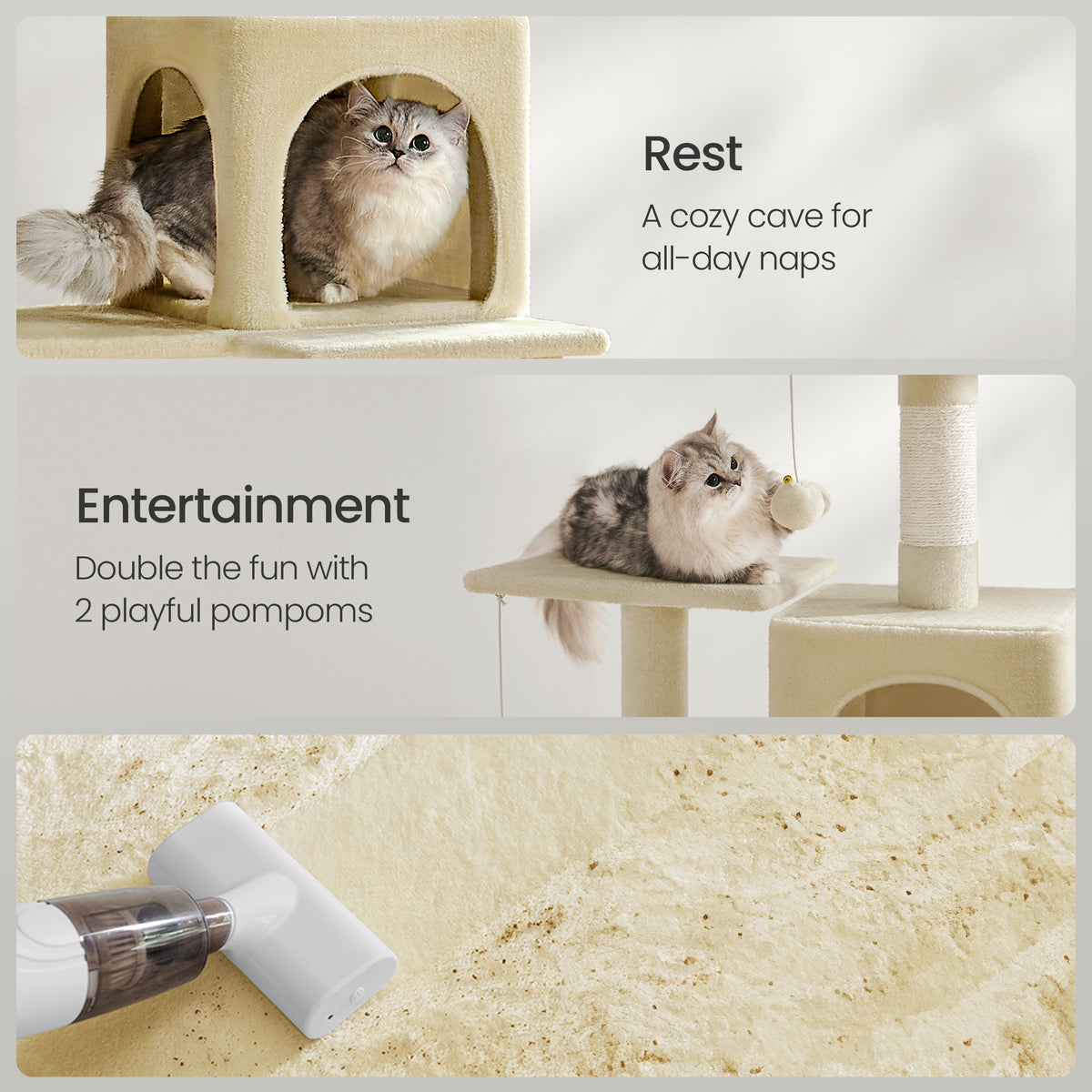 55.1-Inch Multi-Level Cat Tree Tower with 4 Scratching Posts, 2 Perches, Hammock & Cave, Plush Cat Condo for Indoor Cats, Beige