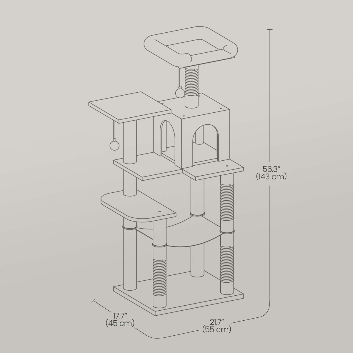 55.1-Inch Multi-Level Cat Tree Tower with 4 Scratching Posts, 2 Perches, Hammock & Cave, Plush Cat Condo for Indoor Cats, Beige