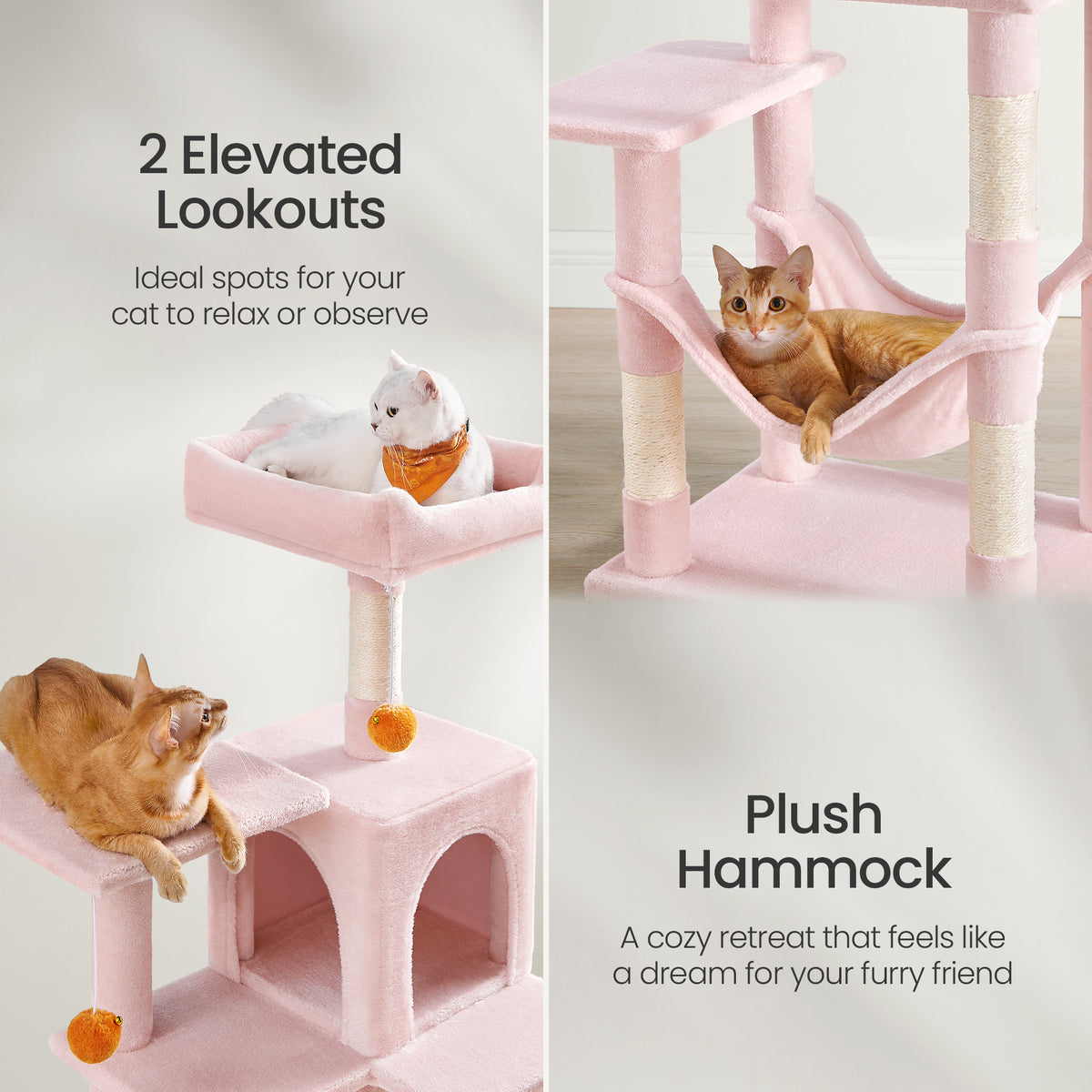 56.3" Cat Tree for Multiple Cats - Multi-Level Condo with 4 Scratching Posts, 2 Perches & Hammock, Easy Assembly, Jelly Pink