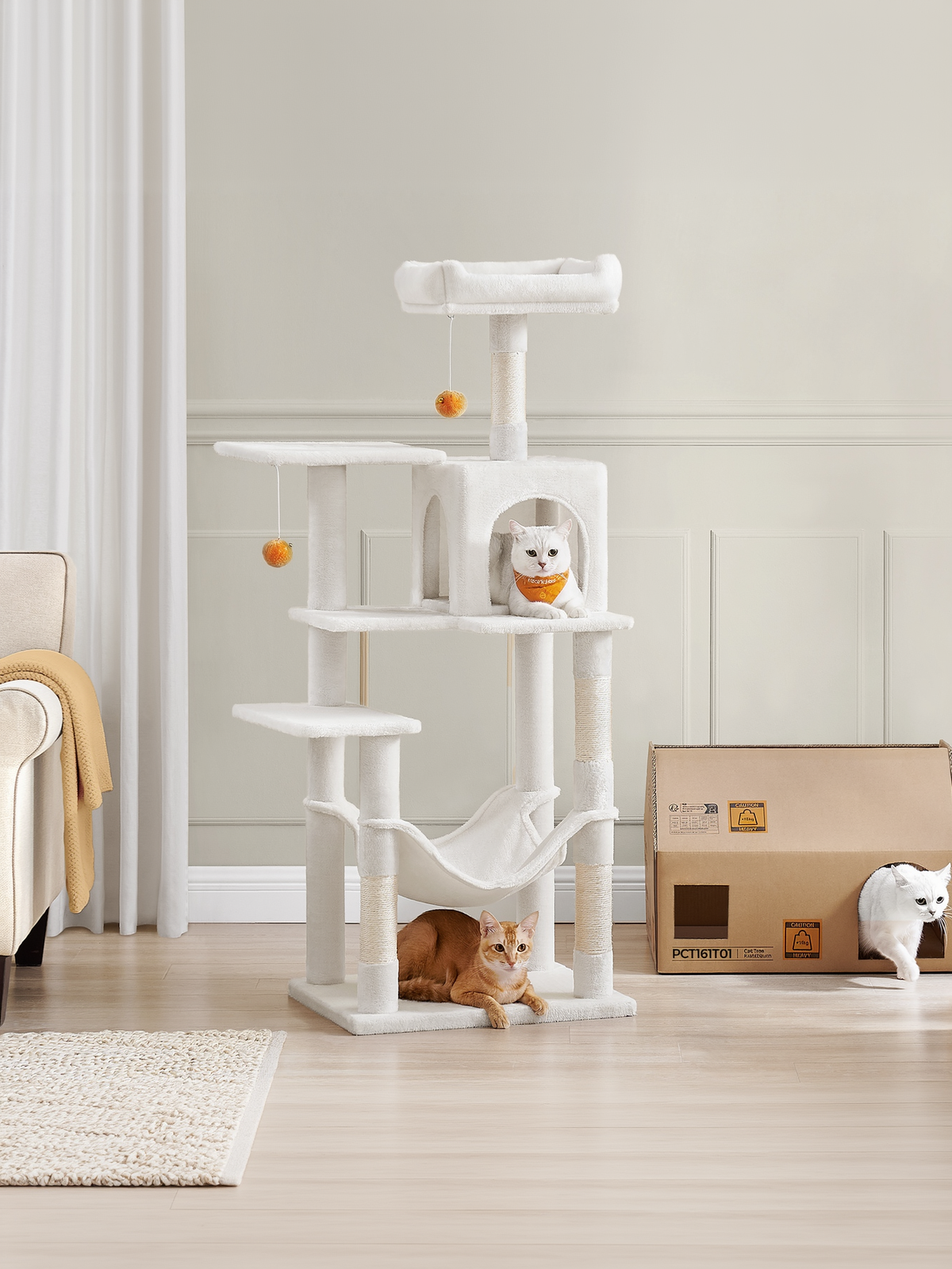 55.1-Inch Multi-Level Cat Tree Tower with 4 Scratching Posts, 2 Perches, Hammock & Cave, Plush Cat Condo for Indoor Cats, Cream White