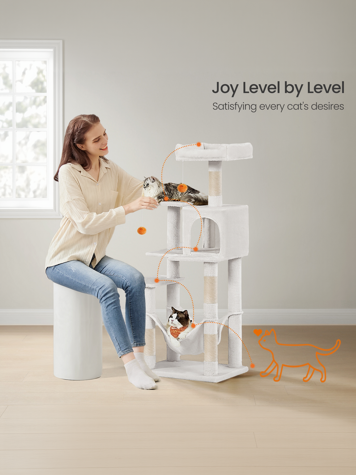 55.1-Inch Multi-Level Cat Tree Tower with 4 Scratching Posts, 2 Perches, Hammock & Cave, Plush Cat Condo for Indoor Cats, Cream White