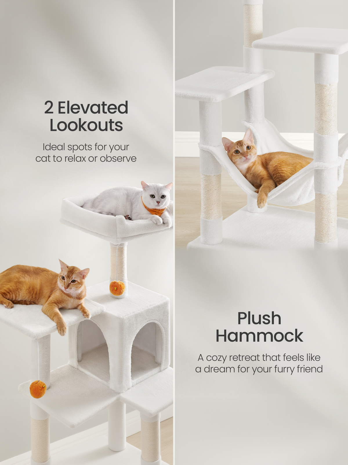55.1-Inch Multi-Level Cat Tree Tower with 4 Scratching Posts, 2 Perches, Hammock & Cave, Plush Cat Condo for Indoor Cats, Cream White