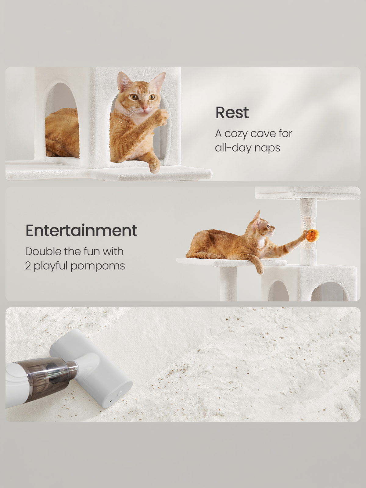 55.1-Inch Multi-Level Cat Tree Tower with 4 Scratching Posts, 2 Perches, Hammock & Cave, Plush Cat Condo for Indoor Cats, Cream White