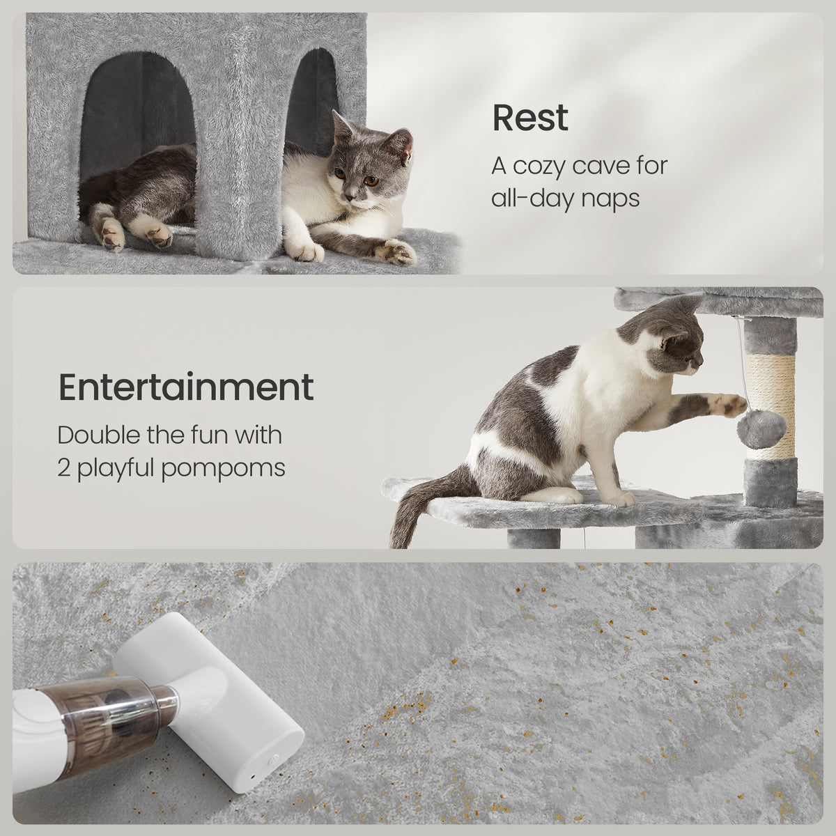 56.3" Multi-Cat Tree Tower - 4 Scratching Posts, 2 Plush Perches & Hammock, Easy Assembly, Light Gray