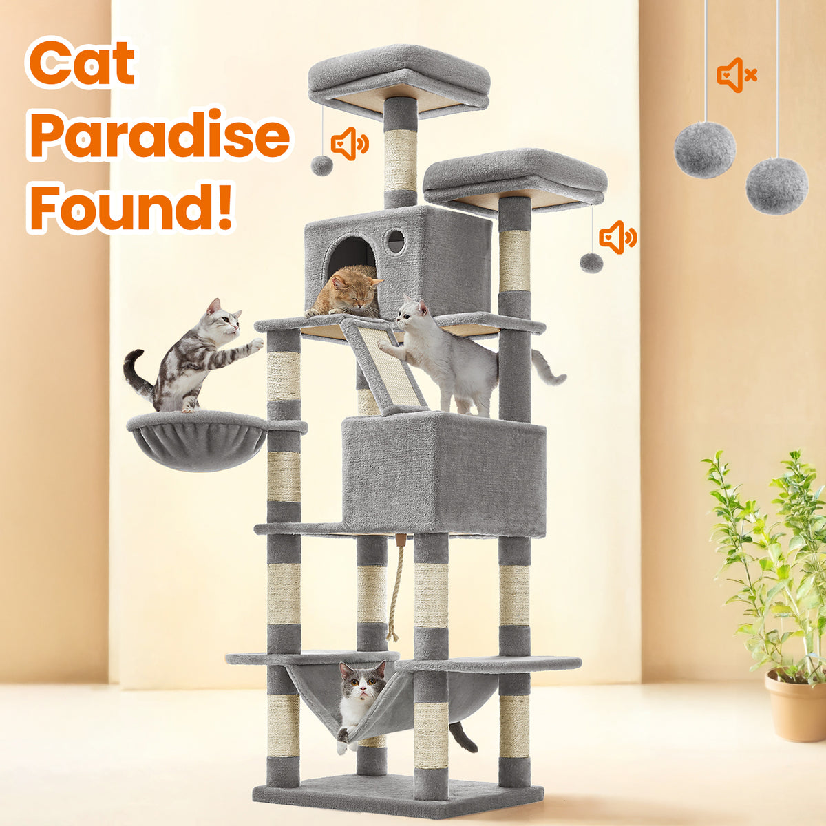 66.1-Inch Multi-Level Cat Tree with 2 Perches, 2 Caves, Hammock & 13 Scratching Posts – Plush Climbing Tower for Indoor Cats, Light Gray