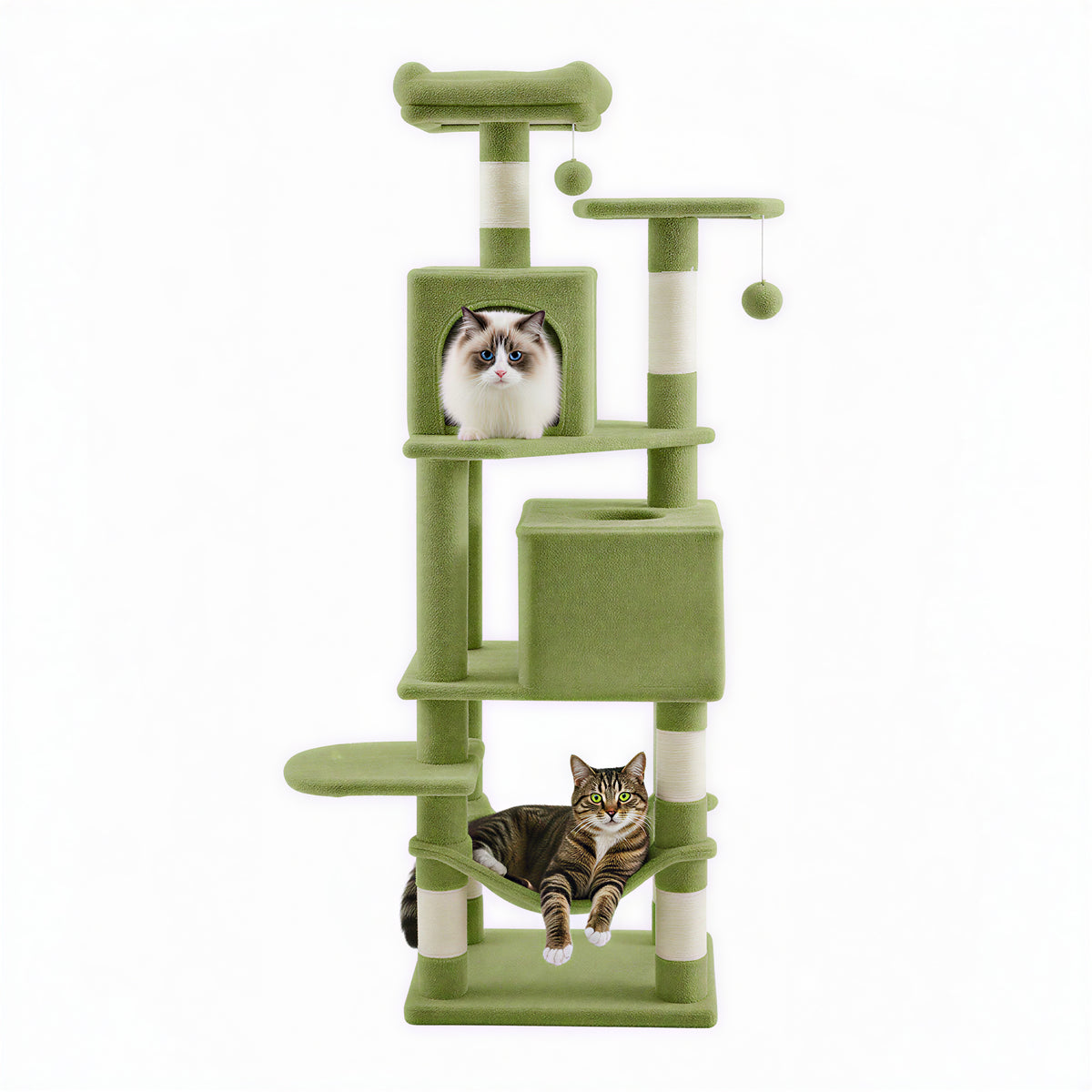 Cat Tree, 61-Inch Indoor Cat Tower with Multi-Level Condo, 5 Scratching Posts, 2 Perches, 2 Caves, Hammock, Pompoms, Grass Green