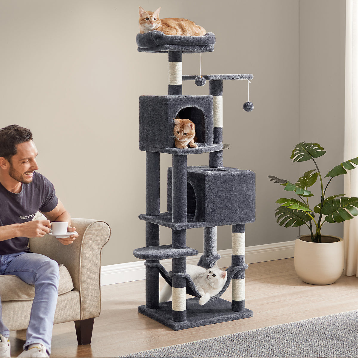 61-Inch Multi-Level Cat Tree, Plush Cat Tower with 2 Caves & Hammock, 5 Scratching Posts & Anti-Tip Kit, Smoky Gray