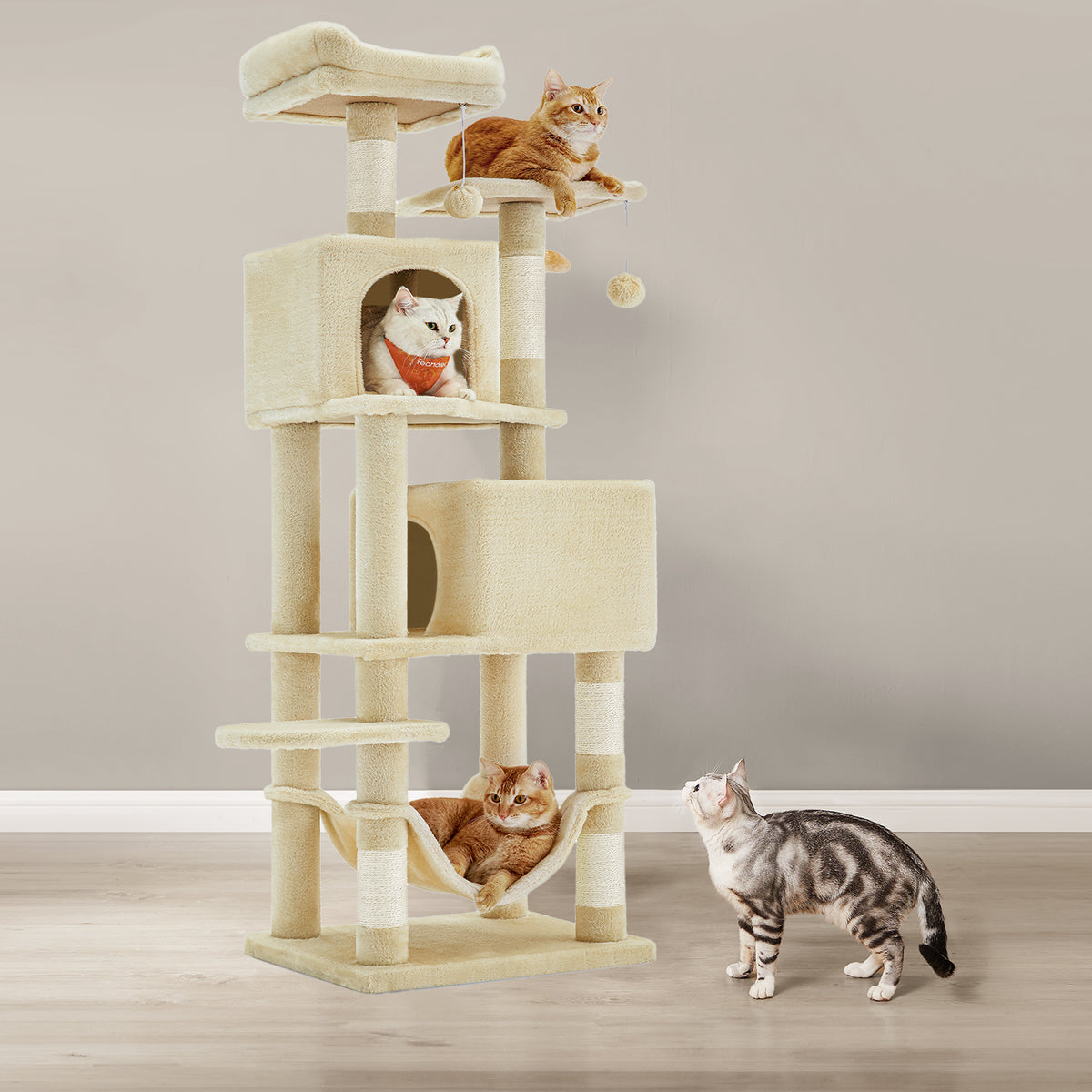 61-Inch Multi-Level Cat Tree, Plush Cat Tower with 2 Caves & Hammock, 5 Scratching Posts & Anti-Tip Kit, Beige