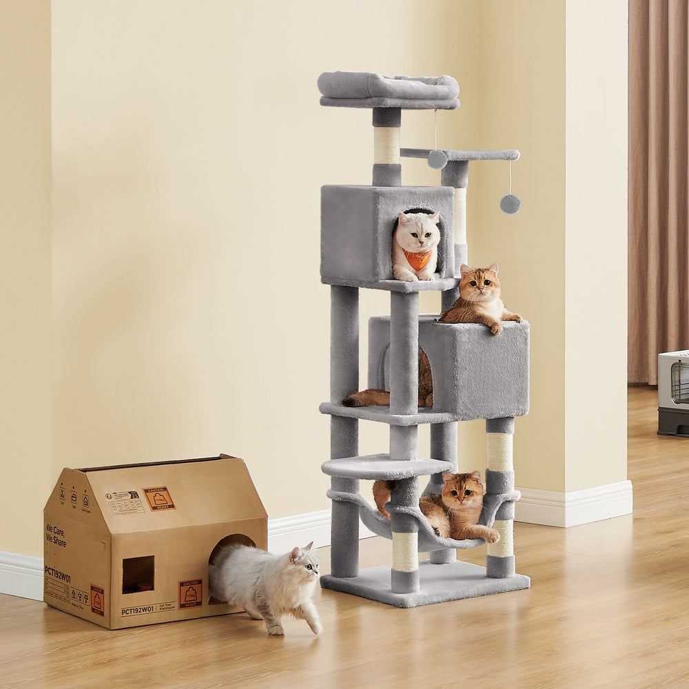 61-Inch Multi-Level Cat Tree with 2 Perches, 2 Caves, Hammock & 5 Scratching Posts, Plush Cat Tower for Multiple Cats, Light Gray