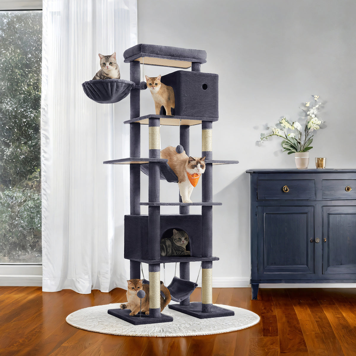 79.1-Inch Multi-Level Cat Tree with 4 Scratching Posts & 2 Hammocks - Large Cat Condo with Anti-Tip Kit, Dark Gray