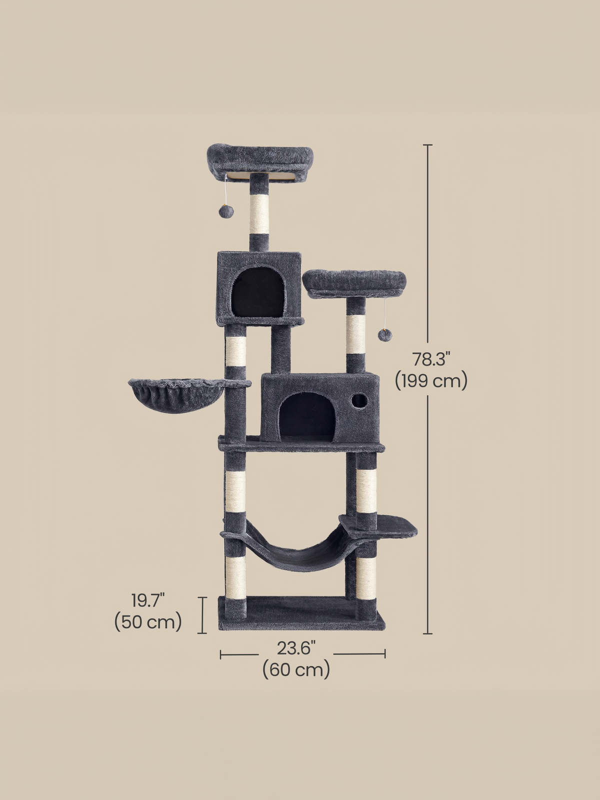 Multi-Level Cat Tower with Hammock & Spacious Cave, 3 Observation Decks & Sisal Scratching Posts, for Indoor Cats, Dark Gray