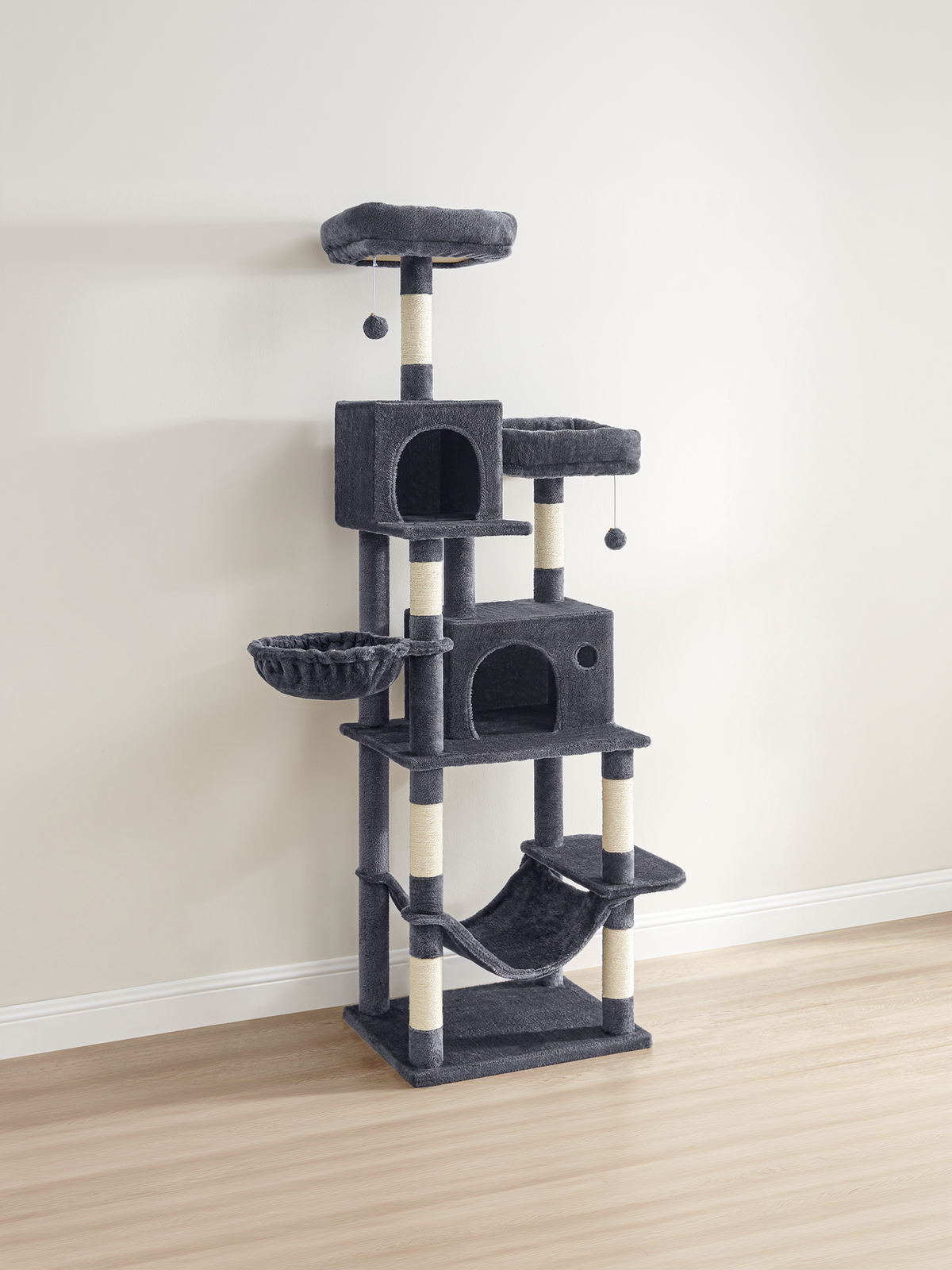 Multi-Level Cat Tower with Hammock & Spacious Cave, 3 Observation Decks & Sisal Scratching Posts, for Indoor Cats, Dark Gray