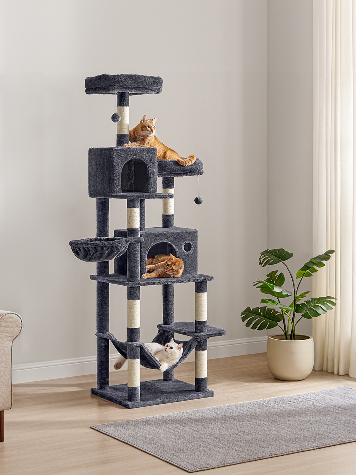 Multi-Level Cat Tower with Hammock & Spacious Cave, 3 Observation Decks & Sisal Scratching Posts, for Indoor Cats, Dark Gray