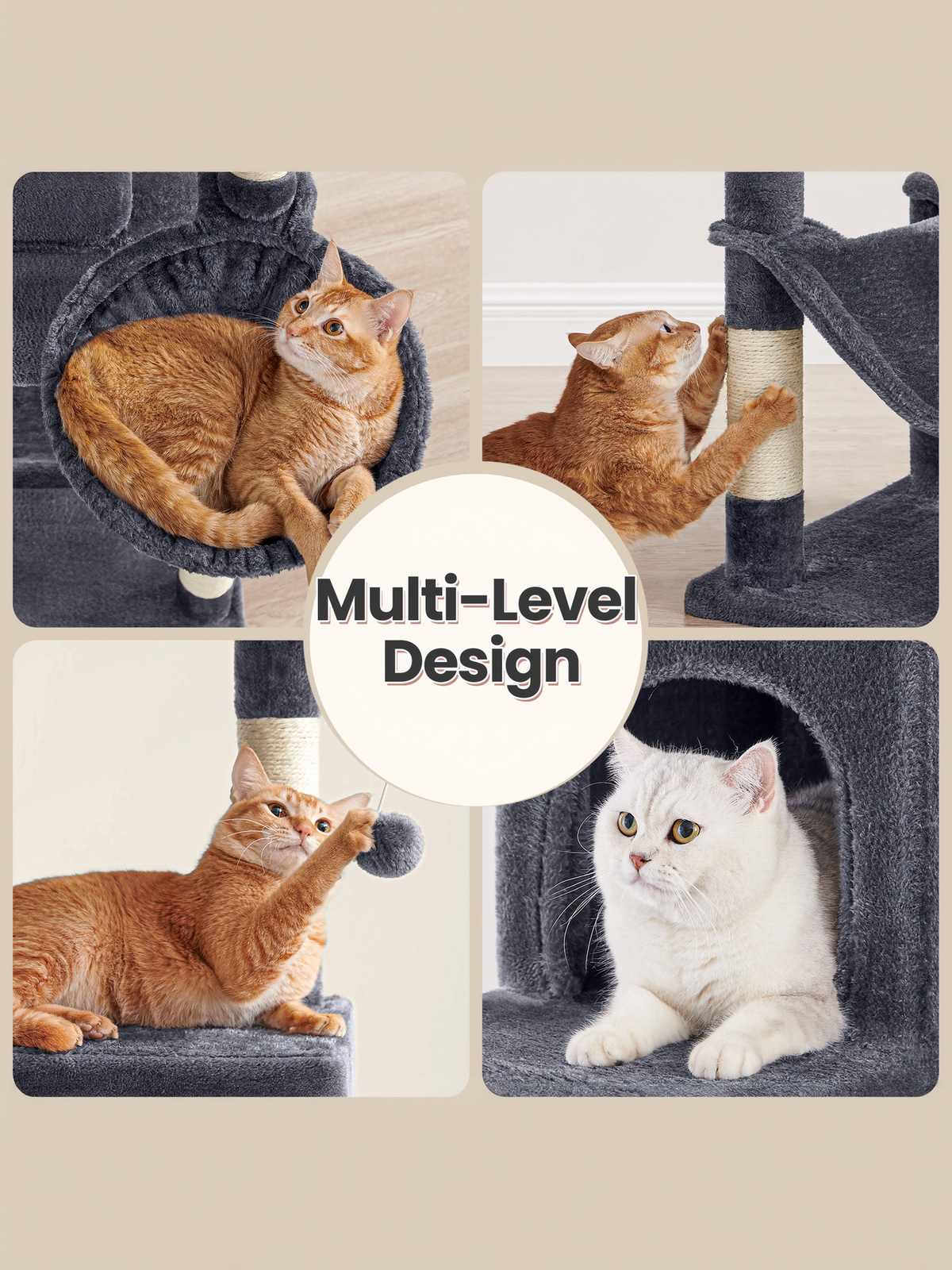 Multi-Level Cat Tower with Hammock & Spacious Cave, 3 Observation Decks & Sisal Scratching Posts, for Indoor Cats, Dark Gray