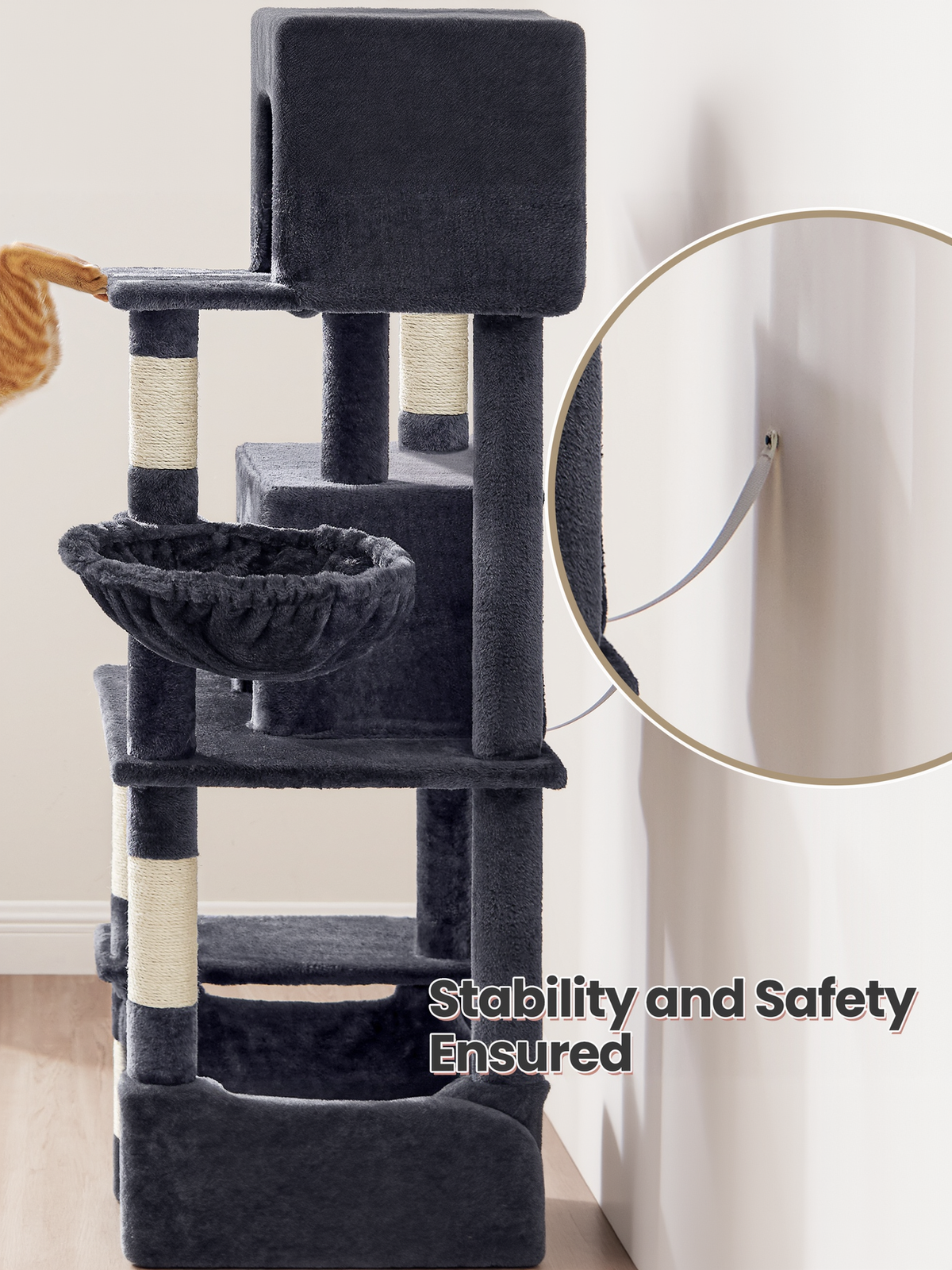 Multi-Level Cat Tower with Hammock & Spacious Cave, 3 Observation Decks & Sisal Scratching Posts, for Indoor Cats, Dark Gray