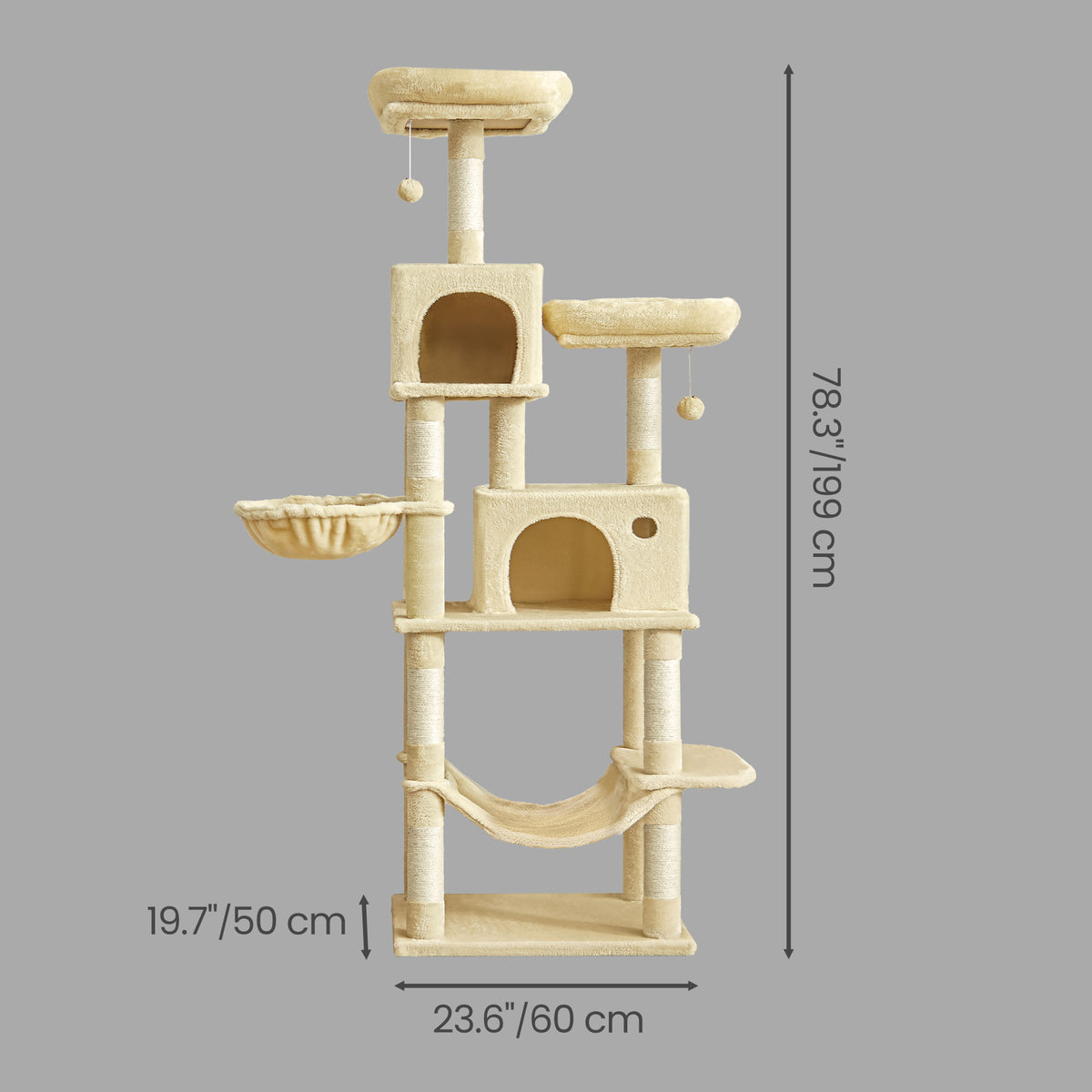 Multi-Level Cat Tower with Hammock & Spacious Cave, 2 Observation Decks & Sisal Scratching Posts, for Indoor Cats, Beige