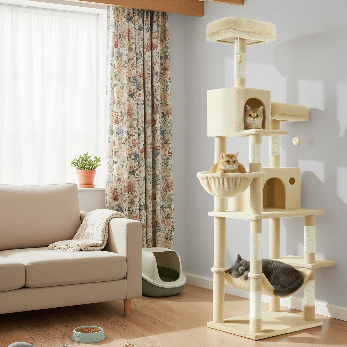 Multi-Level Cat Tower with Hammock & Spacious Cave, 2 Observation Decks & Sisal Scratching Posts, for Indoor Cats, Beige