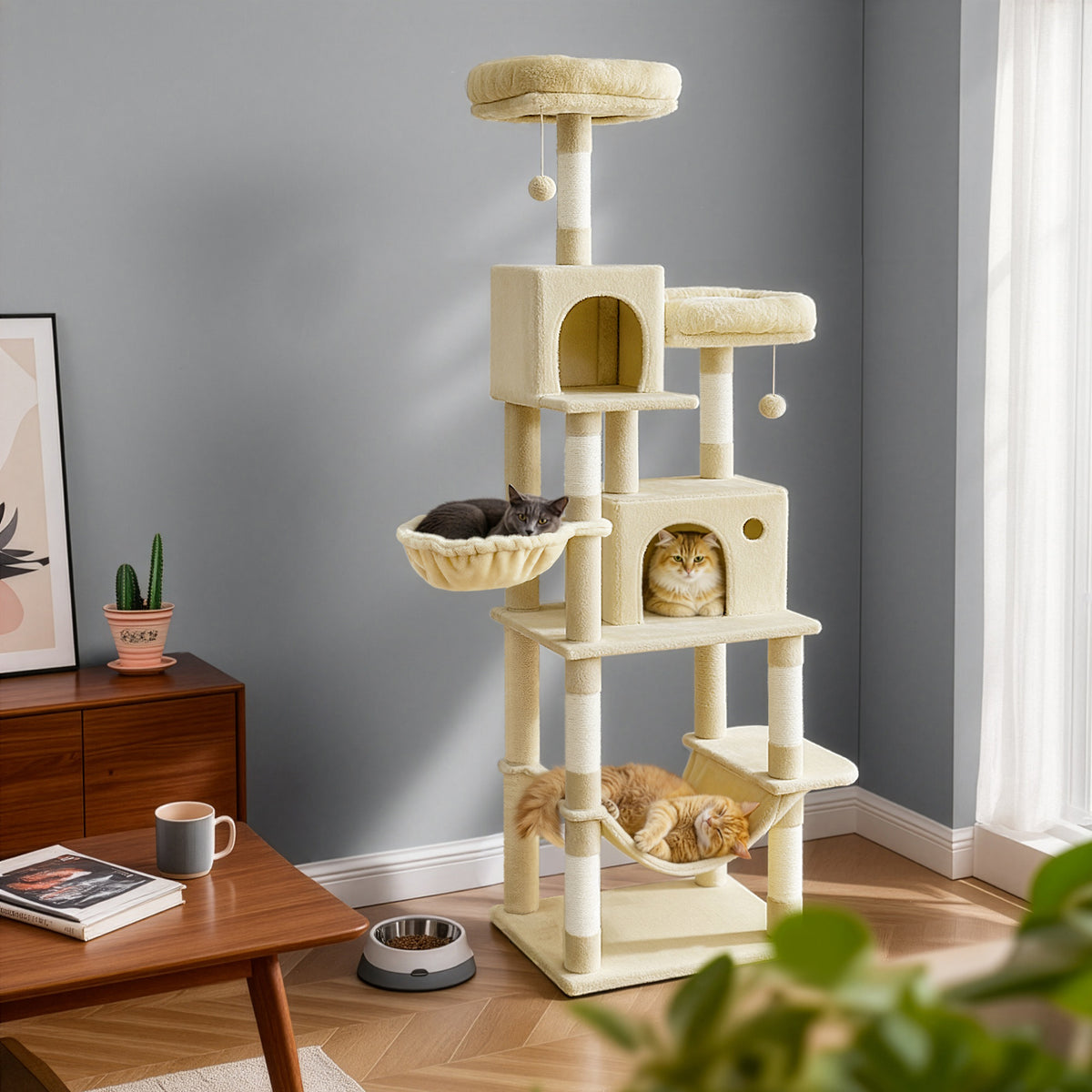 Multi-Level Cat Tower with Hammock & Spacious Cave, 2 Observation Decks & Sisal Scratching Posts, for Indoor Cats, Beige