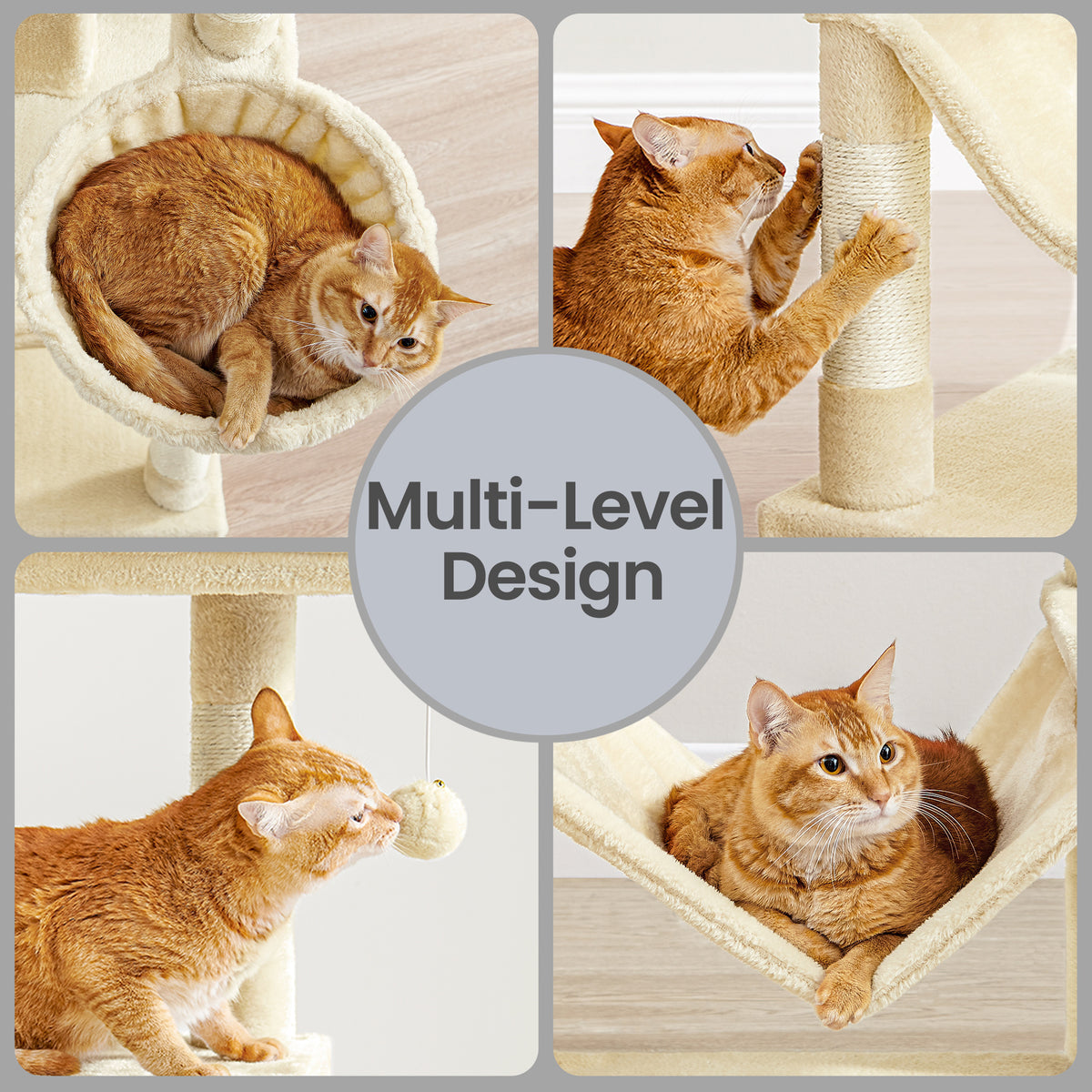 Multi-Level Cat Tower with Hammock & Spacious Cave, 2 Observation Decks & Sisal Scratching Posts, for Indoor Cats, Beige