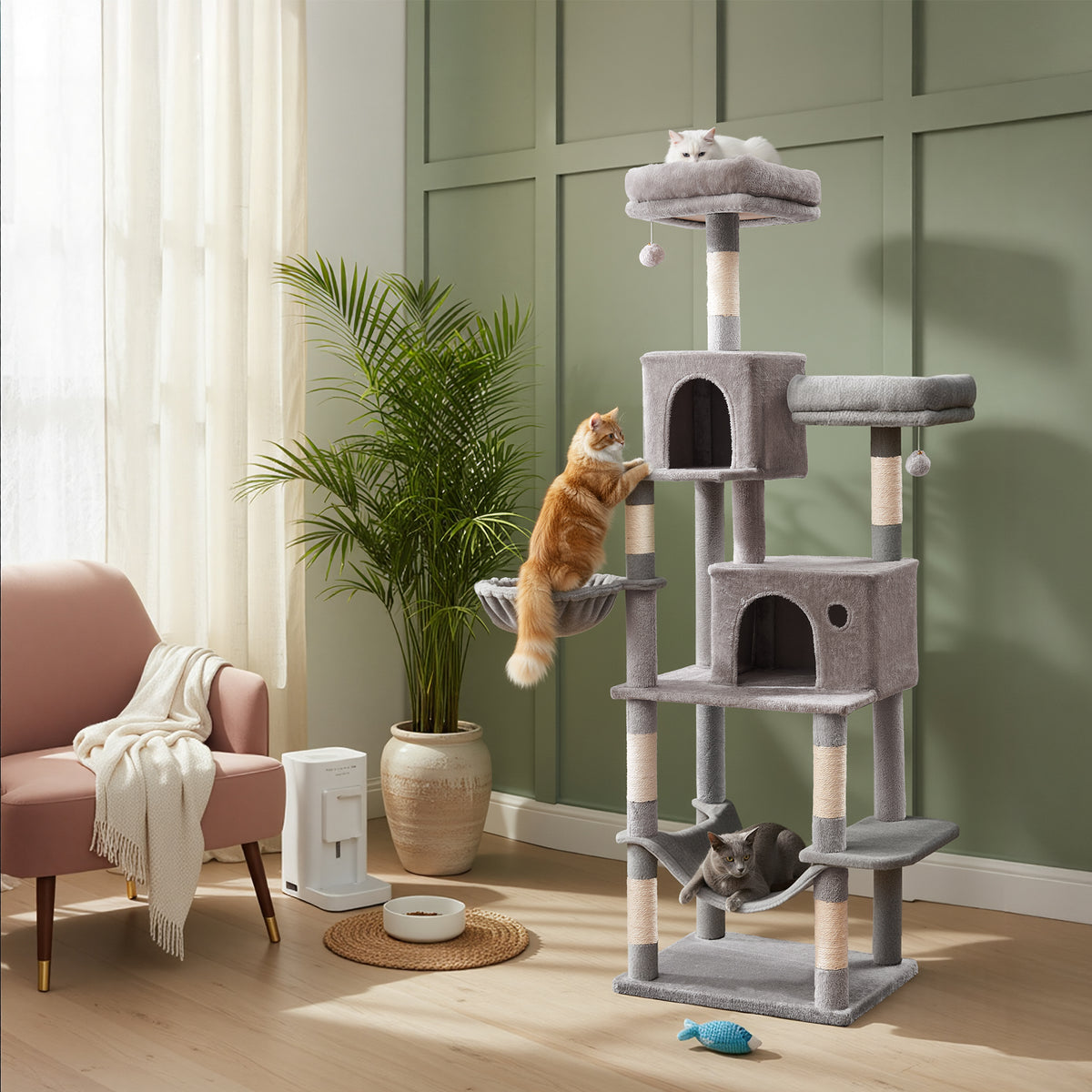 Multi-Level Cat Tower with Hammock & Spacious Cave, 3 Observation Decks & Sisal Scratching Posts, for Indoor Cats, Light Gray