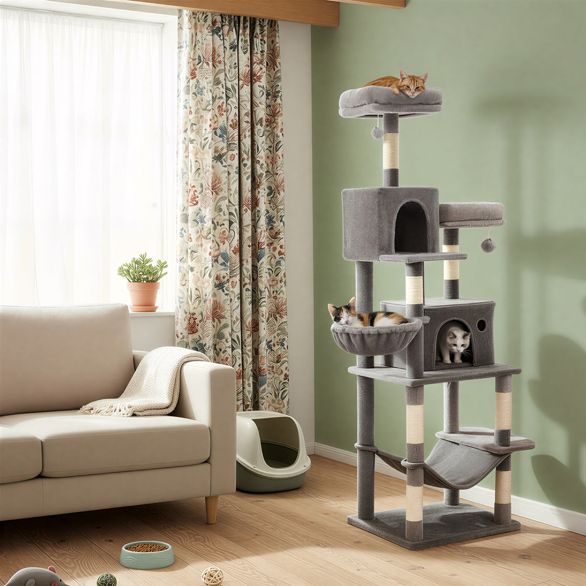 Multi-Level Cat Tower with Hammock & Spacious Cave, 3 Observation Decks & Sisal Scratching Posts, for Indoor Cats, Light Gray