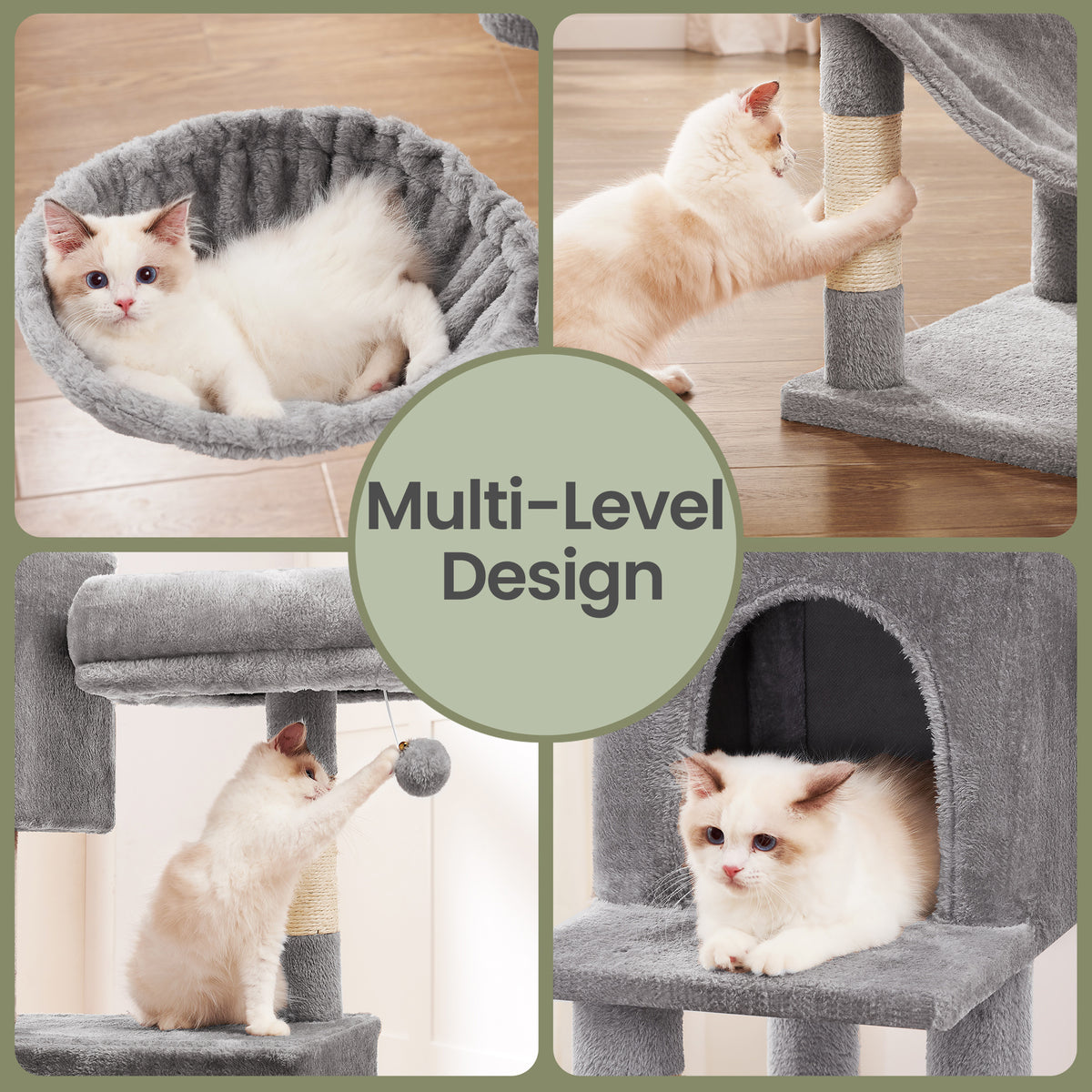 Multi-Level Cat Tower with Hammock & Spacious Cave, 3 Observation Decks & Sisal Scratching Posts, for Indoor Cats, Light Gray