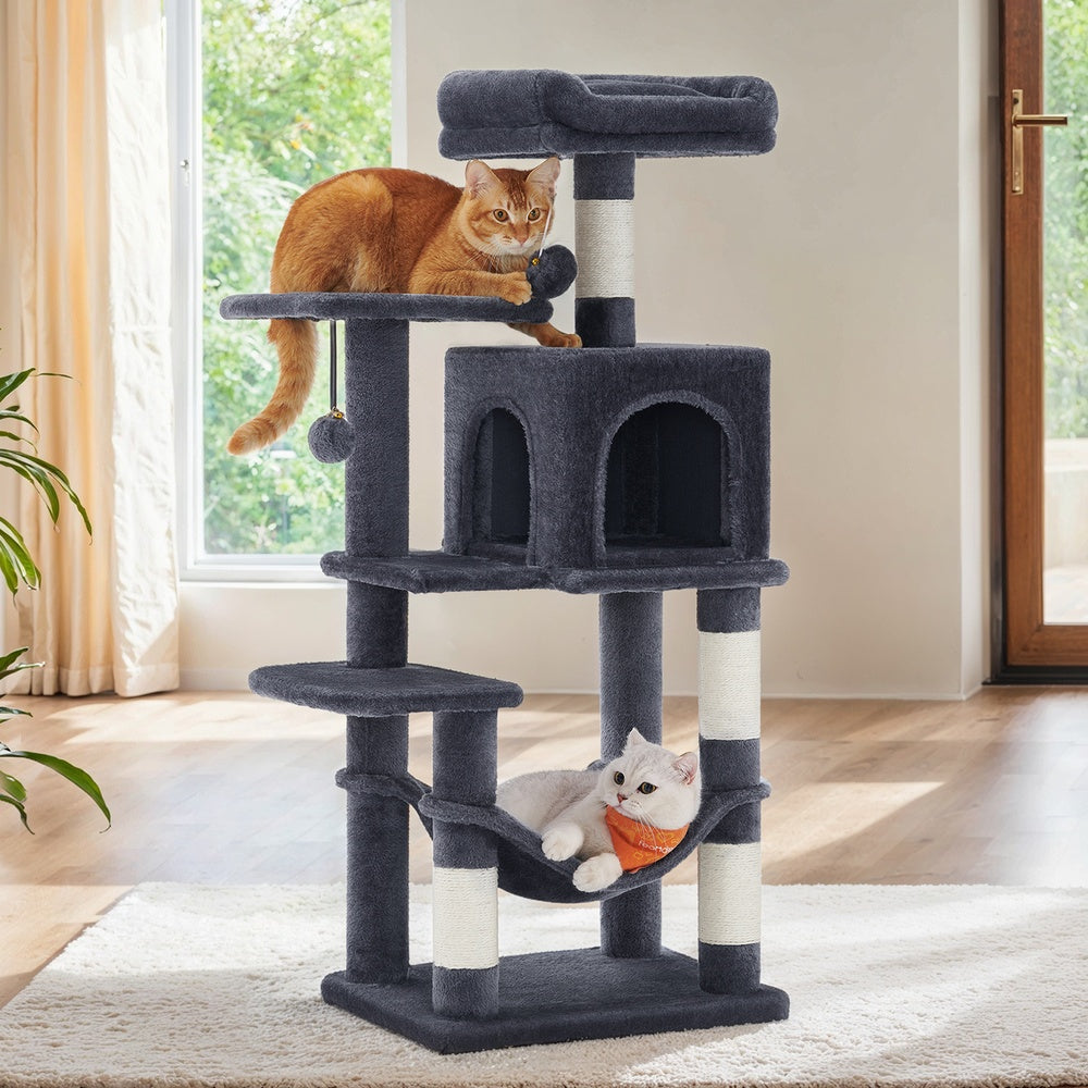 Multi-Level Cat Tree with 2 Perches, Hammock & Cave, 44.1-Inch Tower for Indoor Cats, Includes Hanging Pompoms, Smoky Gray